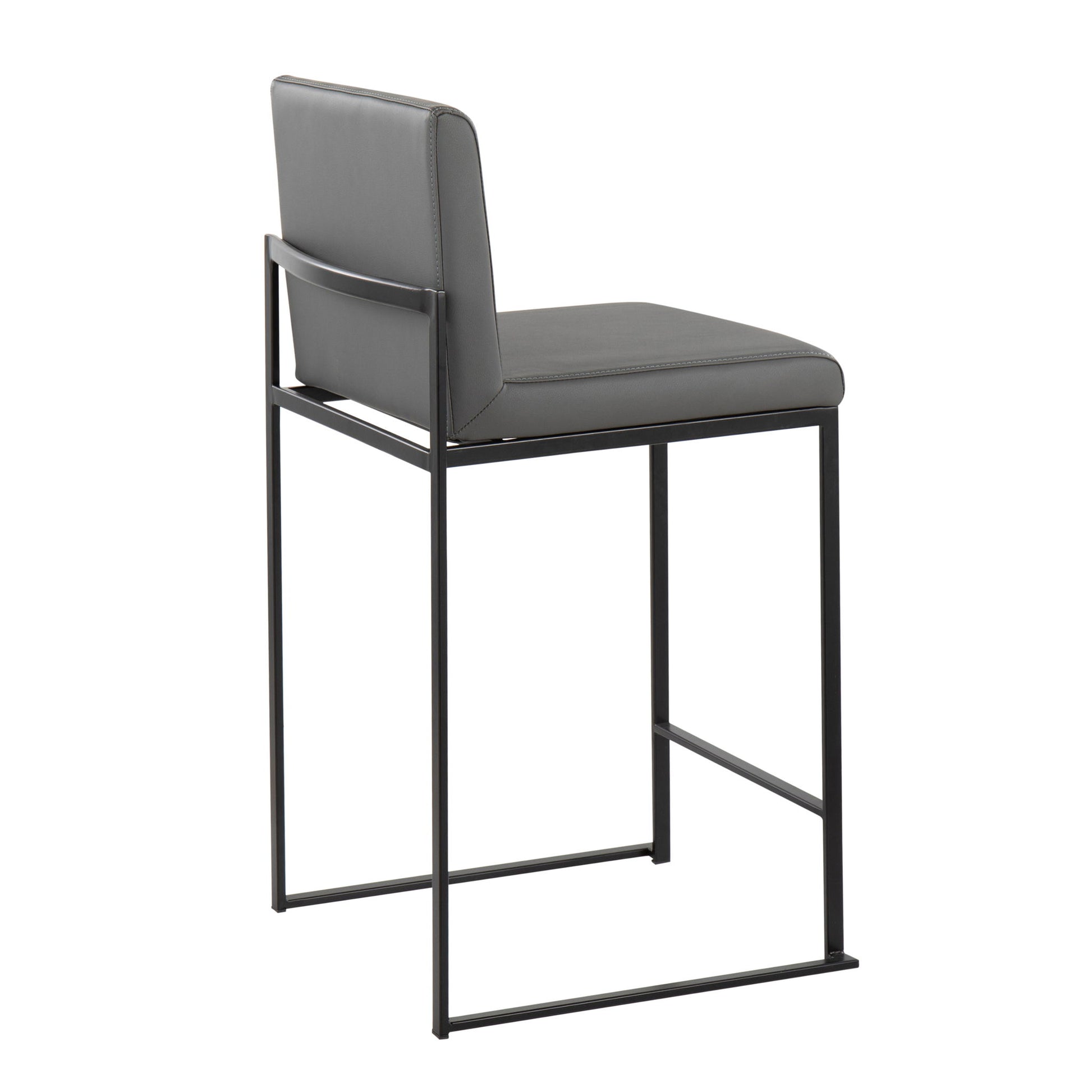 The Fuji - Contemporary Modern Elegance High Back Counter Stool features a black metal frame, square legs, and a grey cushioned seat and backrest, displayed at an angle on a white background.