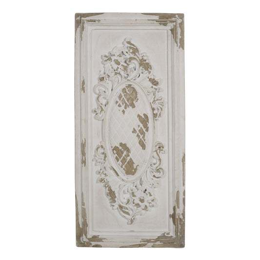 The Large Wall Art Panel is a rectangular wall sculpture with an ornate raised oval center and a distressed cream finish, perfect as vintage-inspired decor for your living room, dining room, office, or bedroom.