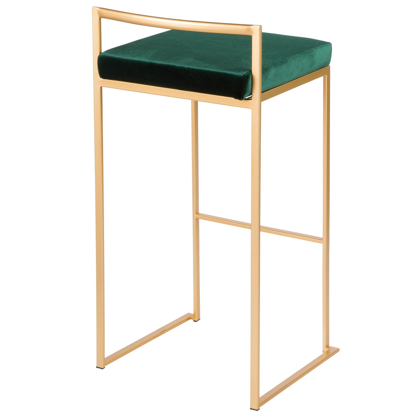 The Fuji barstool features a gold metal frame and a rectangular dark green velvet seat. Its contemporary minimalist design includes clean lines, no backrest except for a slim top rail, blending glam style with quality construction.