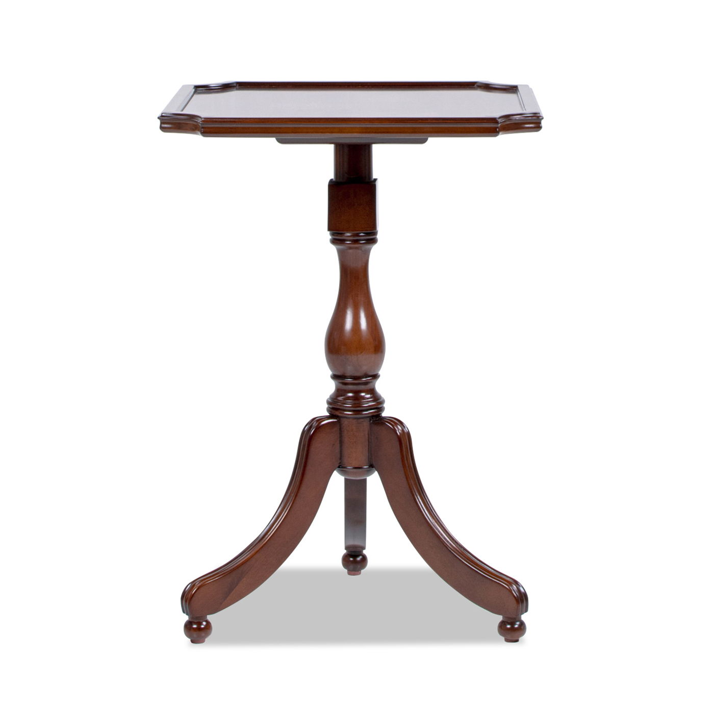 The Mabel – Elegant Turned Pedestal Side Table in rich walnut birch features a small, square tray-style top, traditional turned pedestal center, and three curved legs with round feet for an elegant, classic look.