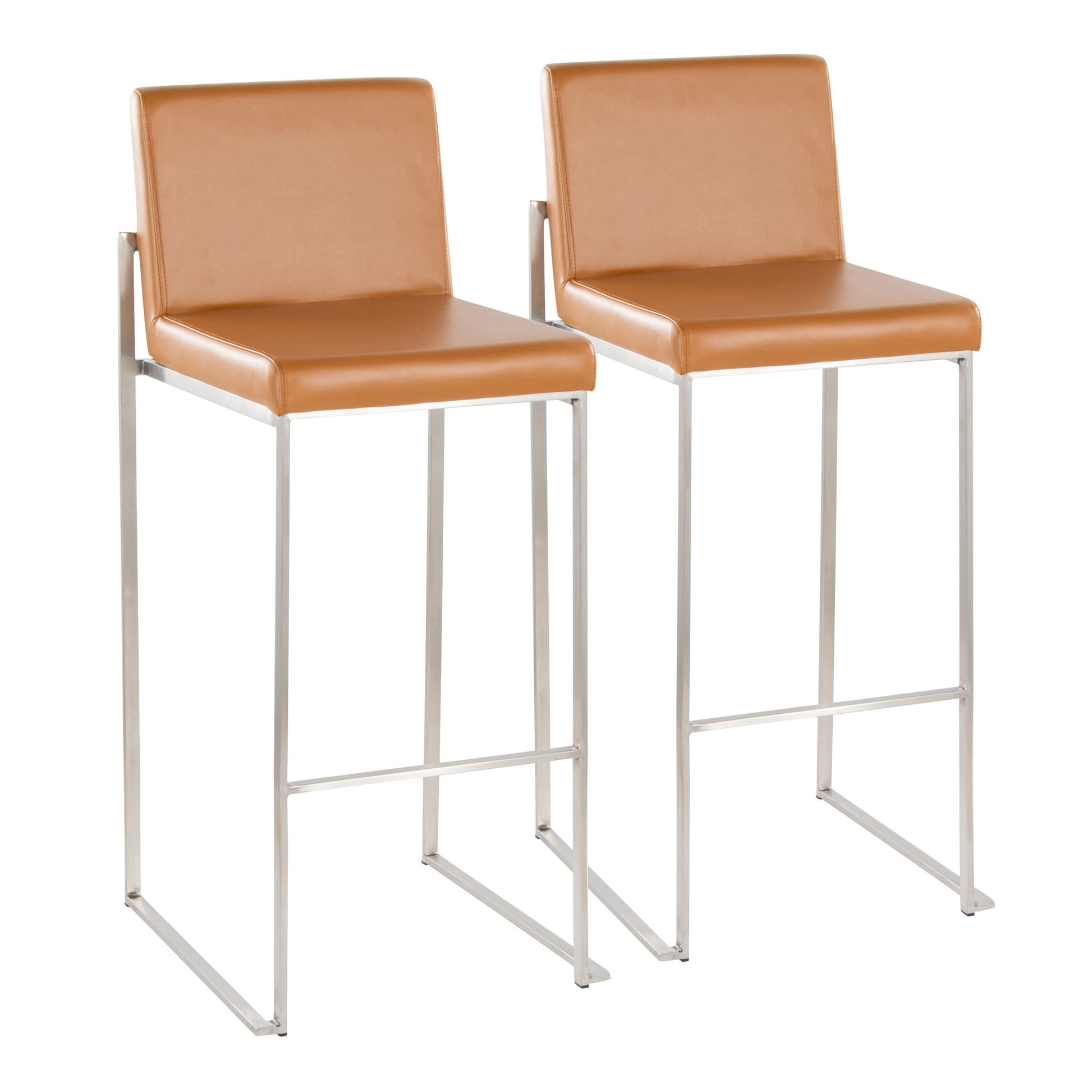 Two Fuji High Back Barstools with tan leather seats and backs, slim silver metal legs, and footrests are arranged side by side against a white background, showcasing contemporary and modern elegance.