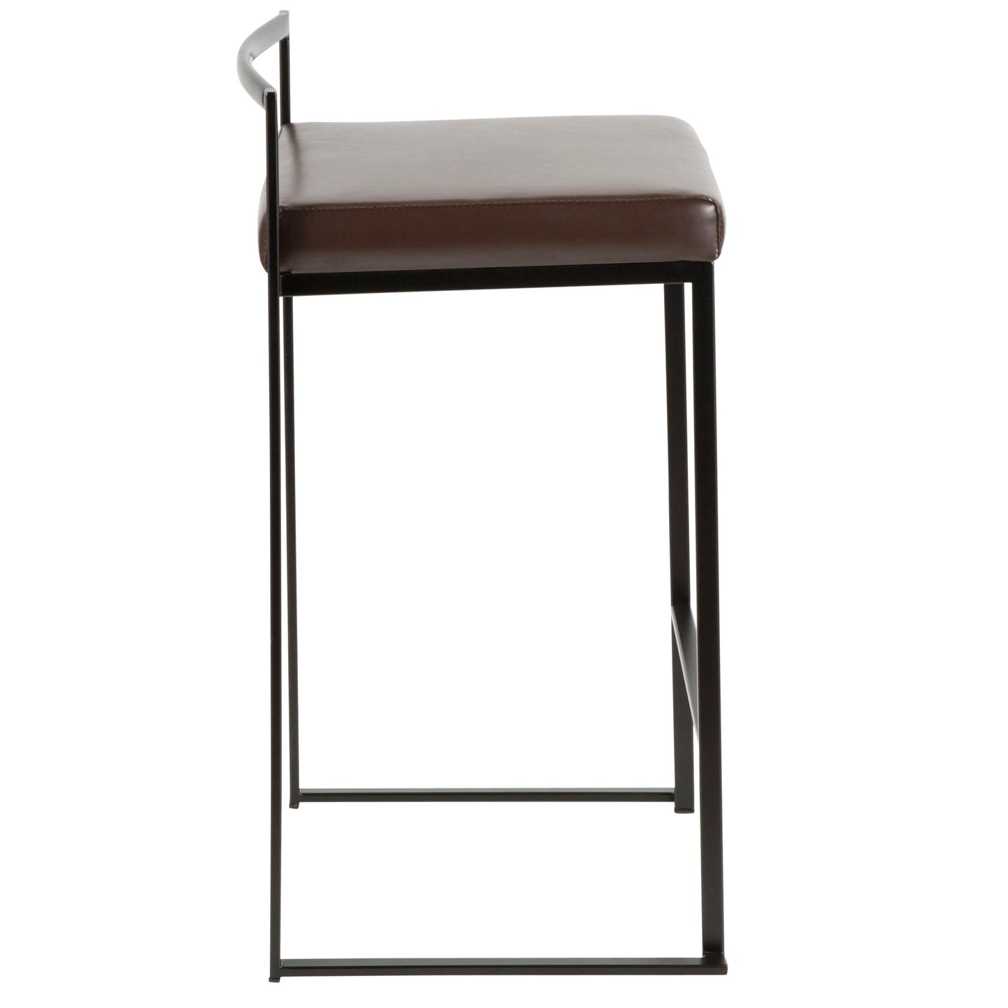 Side view of the Fuji Contemporary Style Stackable Counter Stool, featuring a slim black metal frame, brown cushioned seat, and minimalist design with a low curved back support.