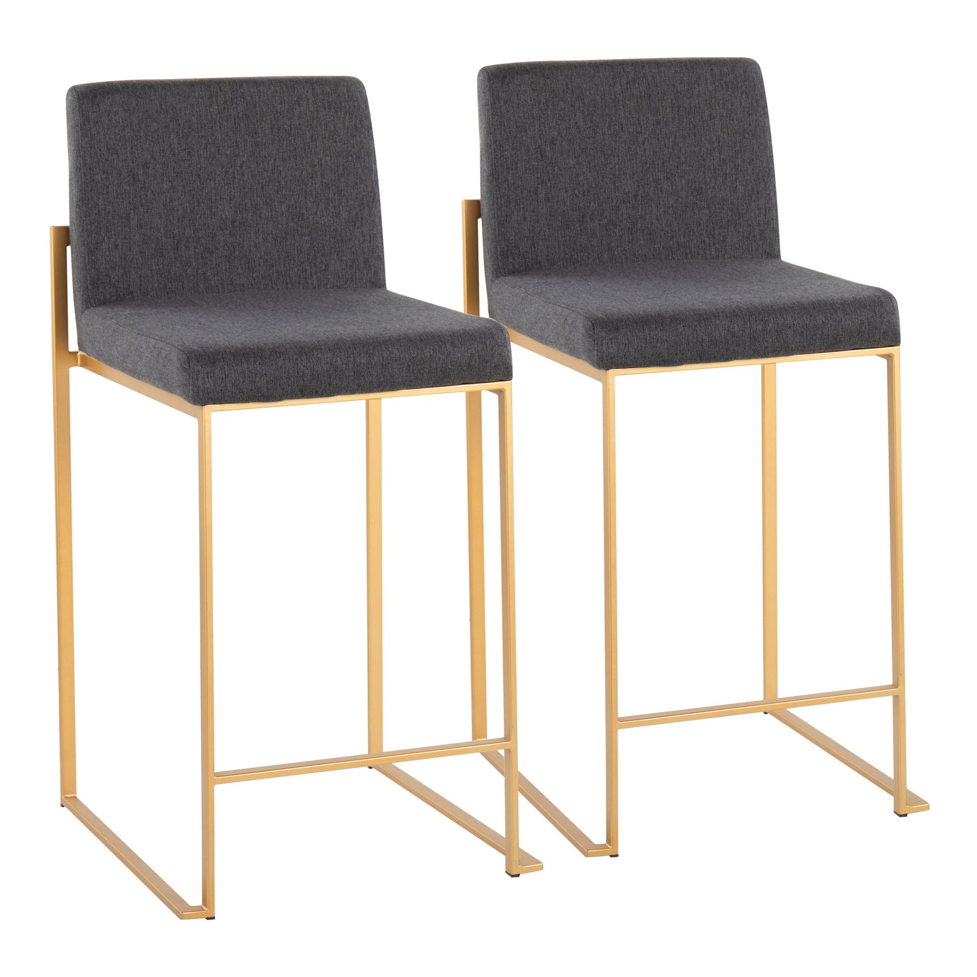 Two Fuji Contemporary High Back Stylish Counter Stools with gold metal frames and dark gray upholstered seats and backs, placed side by side against a white background.