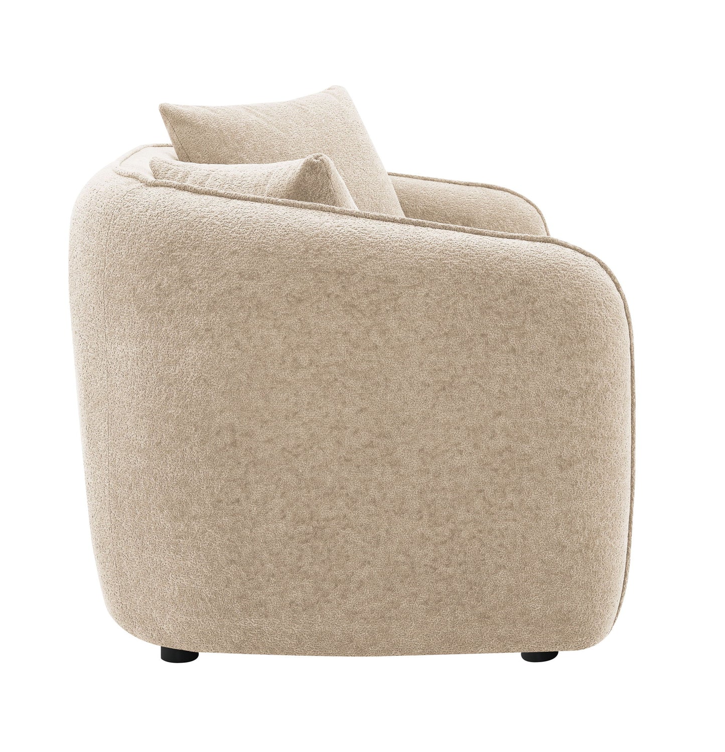 Side view of the Keith chenille loveseat in beige, featuring rounded edges, 2 matching color toss pillows, and small black feet, set against a white background.