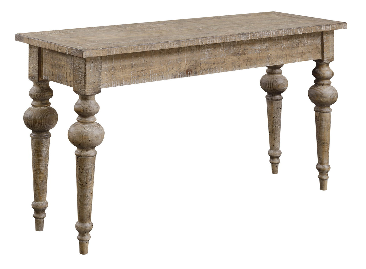 The Ludin - Table features a rectangular wooden top and four turned spindle legs, finished in weathered wood for a vintage, rustic farmhouse look.