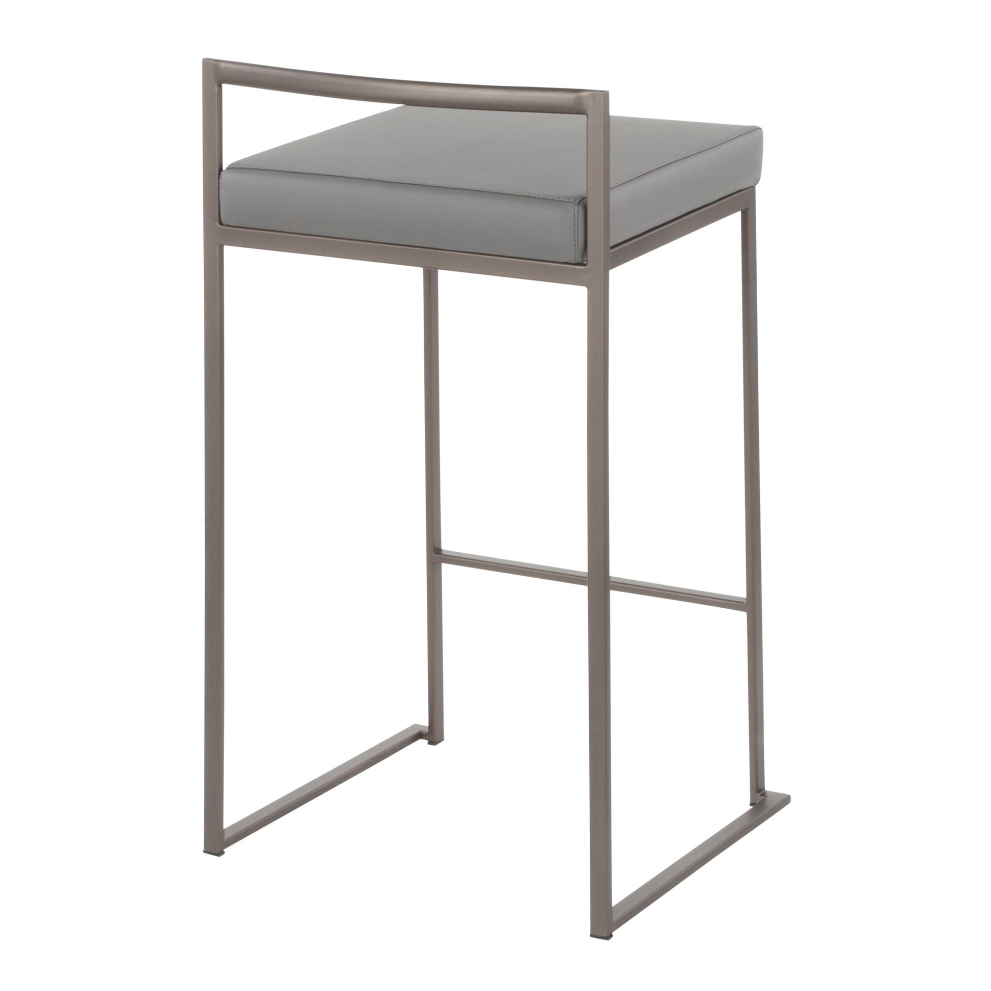 The Fuji Industrial Stackable Counter Stool features a slim metal frame, squared legs, a footrest, and a gray cushioned seat for an elegant, minimalist design perfect for contemporary spaces.