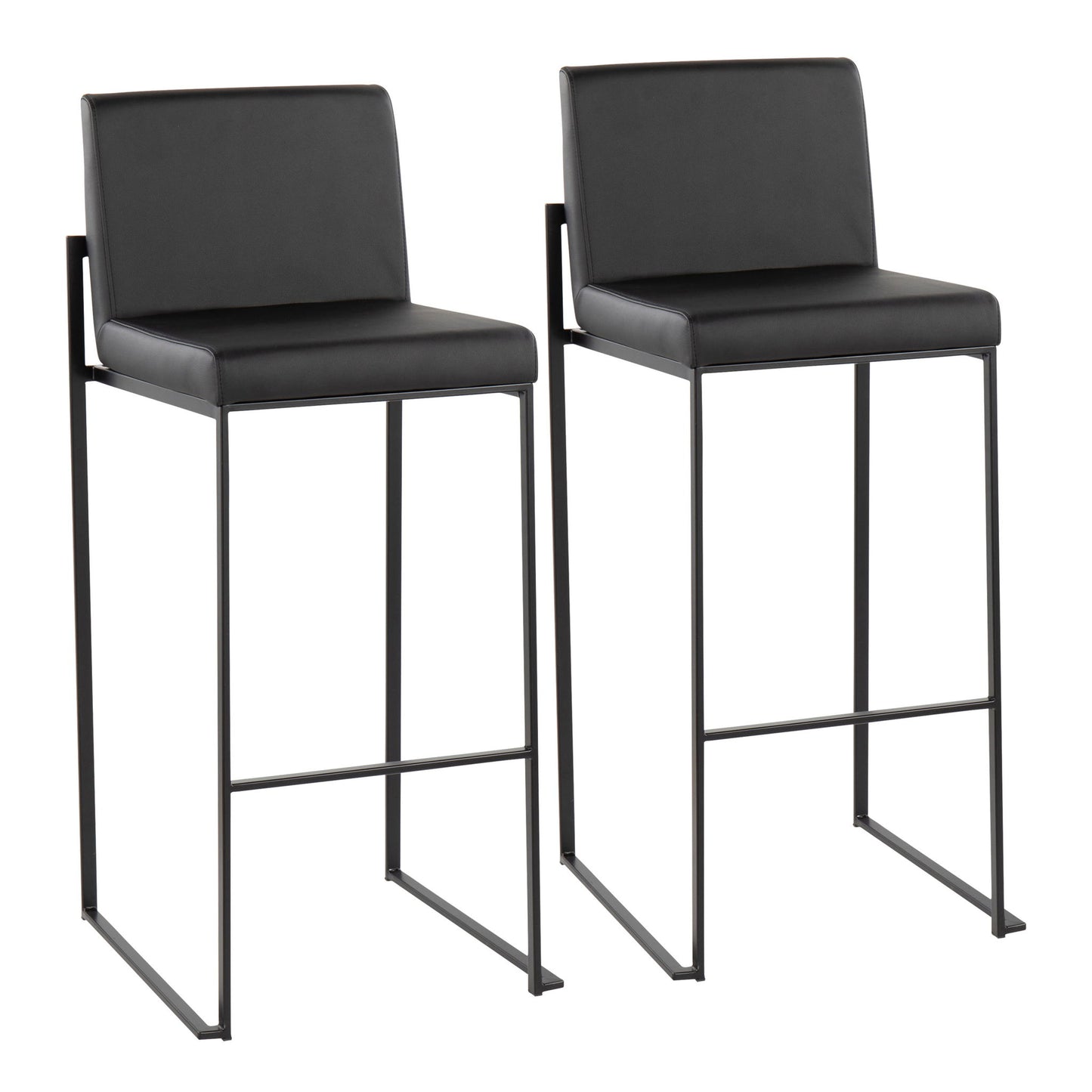 The Fuji Contemporary High Back Barstool features a modern black finish, square seat, metal legs with connecting footrests, and a sleek minimalist design with a high rectangular back.