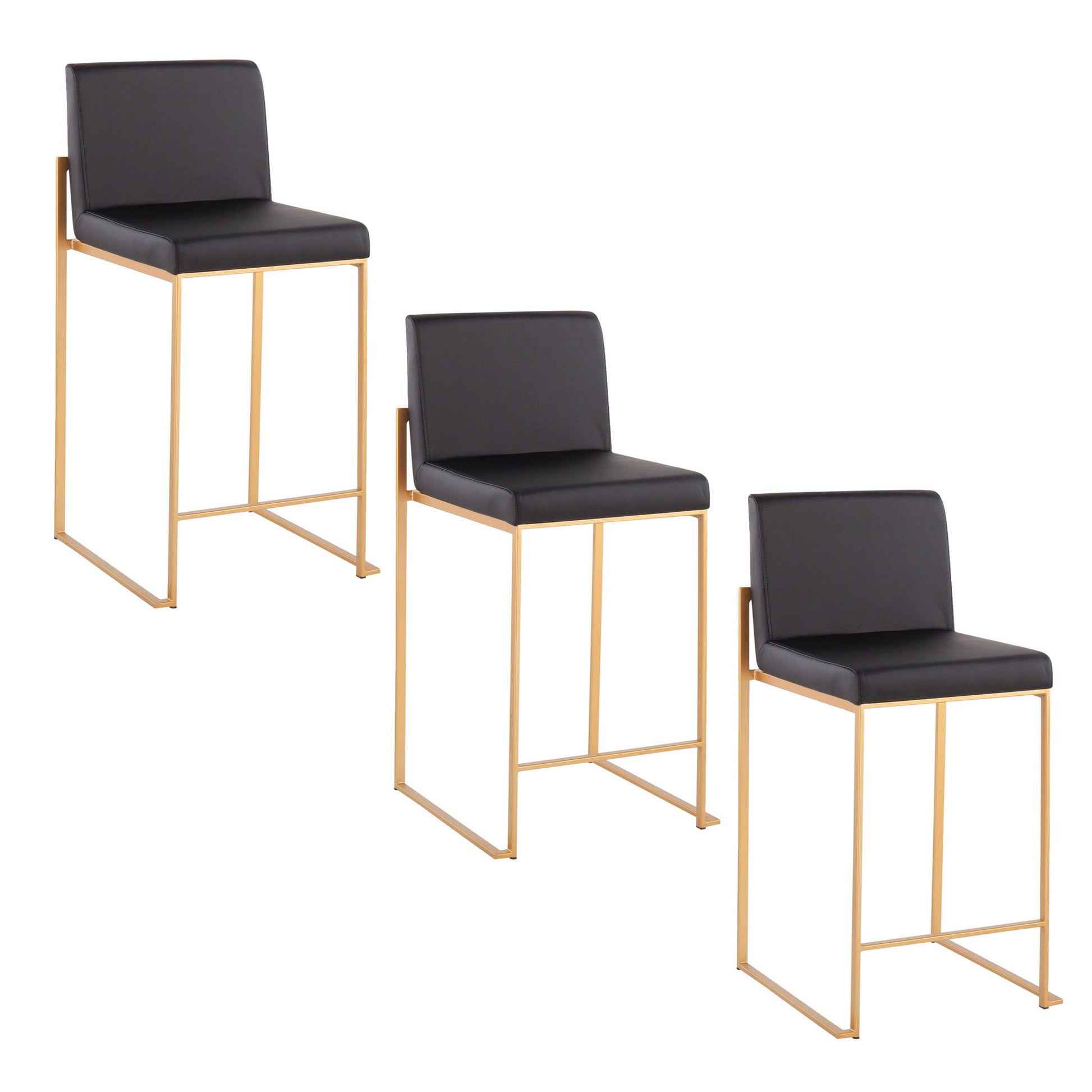 Three Fuji Contemporary High Back Stylish Counter Stools with black cushioned seats, featuring sleek gold metal frames, are arranged in descending height order against a white background.