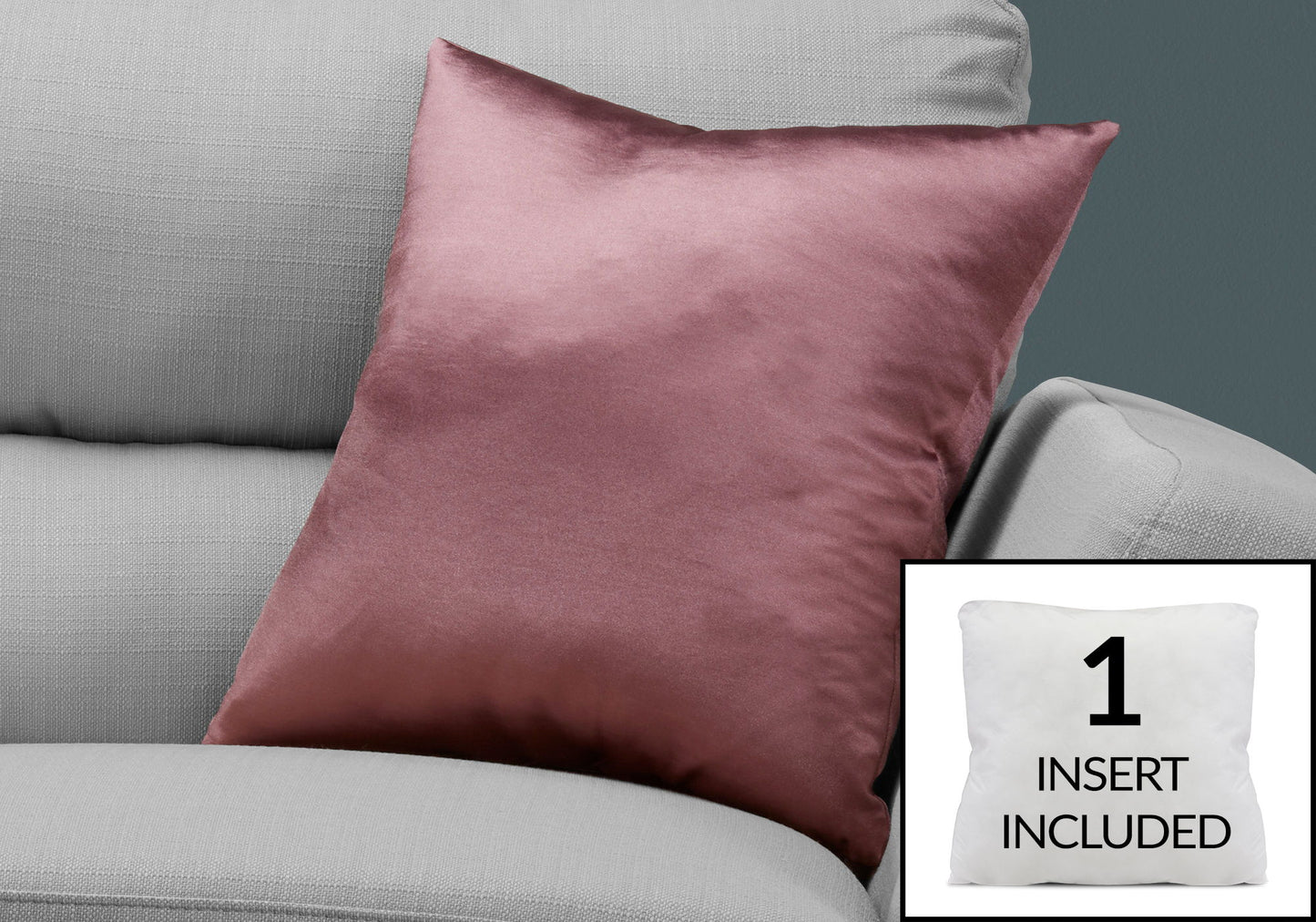 A modern pink satin decorative throw pillow rests on a light gray sofa. An inset shows the included hypoallergenic square insert with the text "1 INSERT INCLUDED.