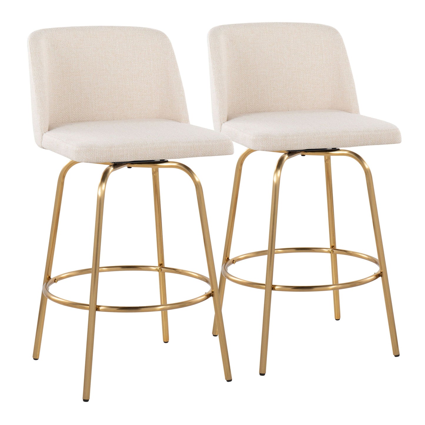 A set of two Toriano contemporary fixed-height counter stools with swivel, beige upholstered seats and backs, gold metal legs, and round footrests are displayed side by side on a white background.