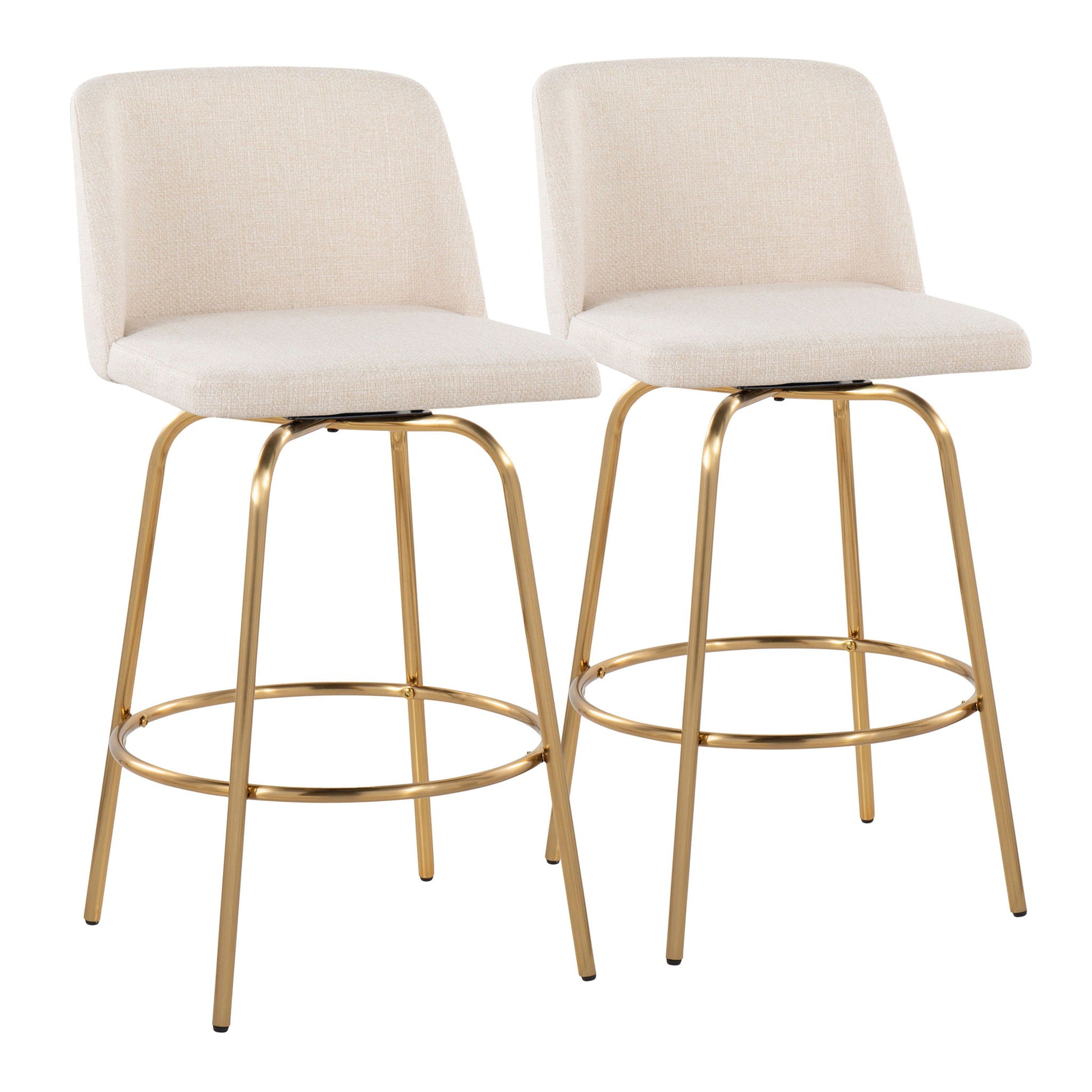 A set of two Toriano contemporary fixed-height counter stools with swivel, beige upholstered seats and backs, gold metal legs, and round footrests are displayed side by side on a white background.