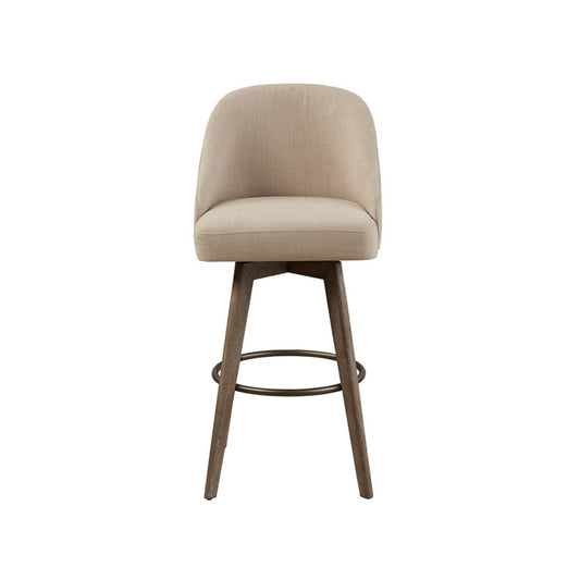 The Bar Stool With Swivel Seat - Sand features a curved backrest, cushioned seat, wooden legs, and a metal footrest ring, displayed against a white background.