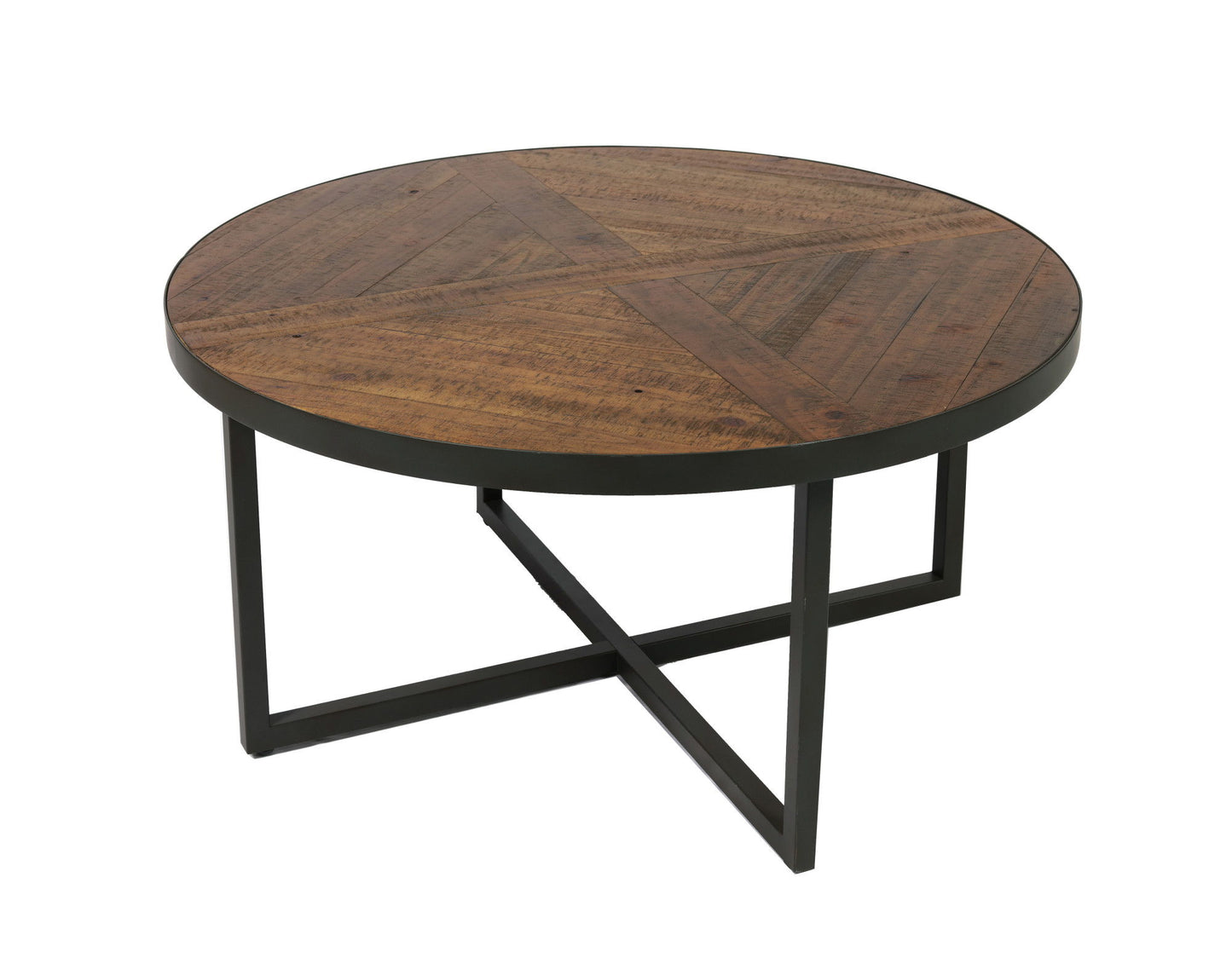 The Faro - Round Table features a wooden top with a geometric pattern and a round shape, supported by a black metal frame with intersecting legs.