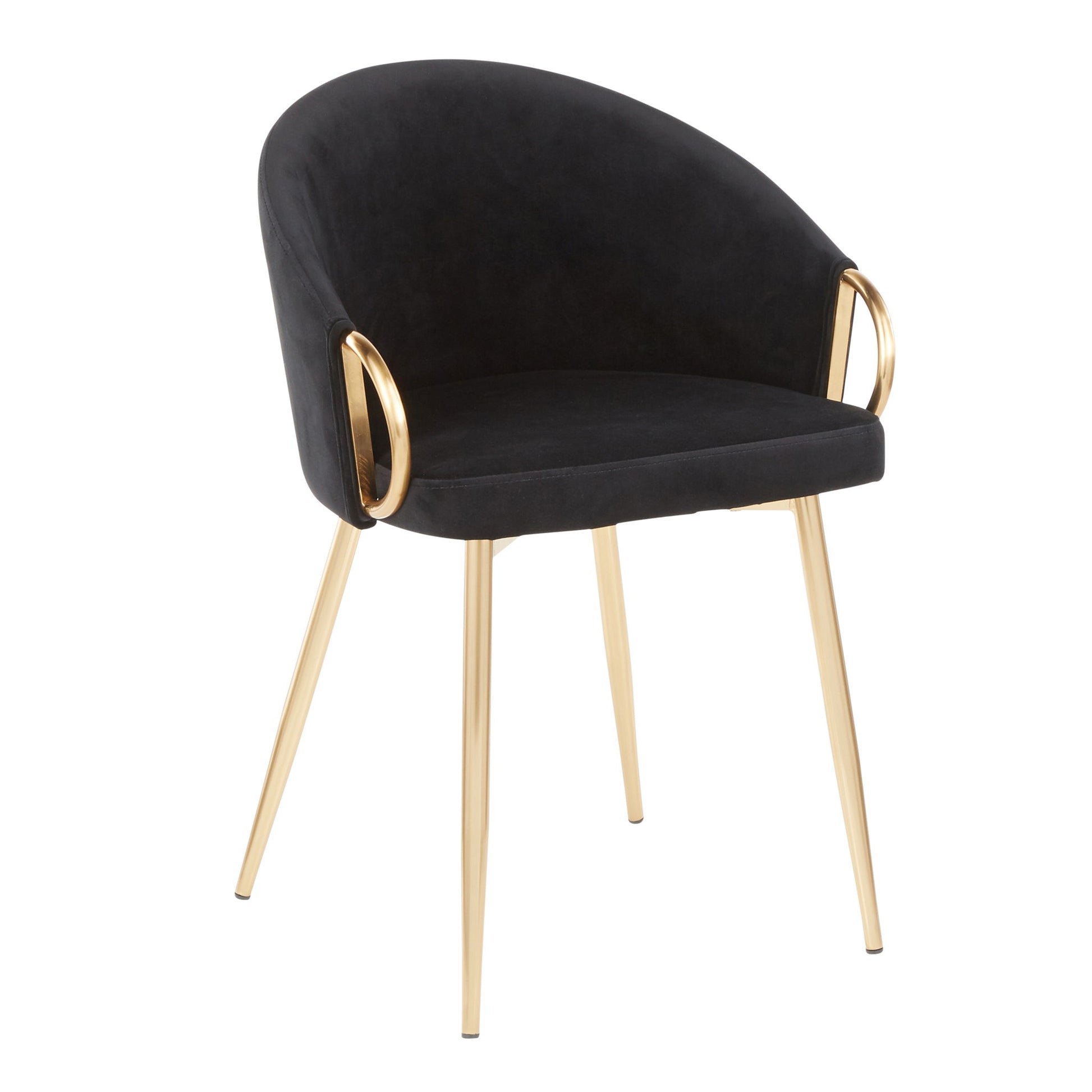 The Claire - Contemporary Glam Chair features a black, curved upholstered seat and backrest with gold metal legs and upward-looping armrests connecting to the backrest.