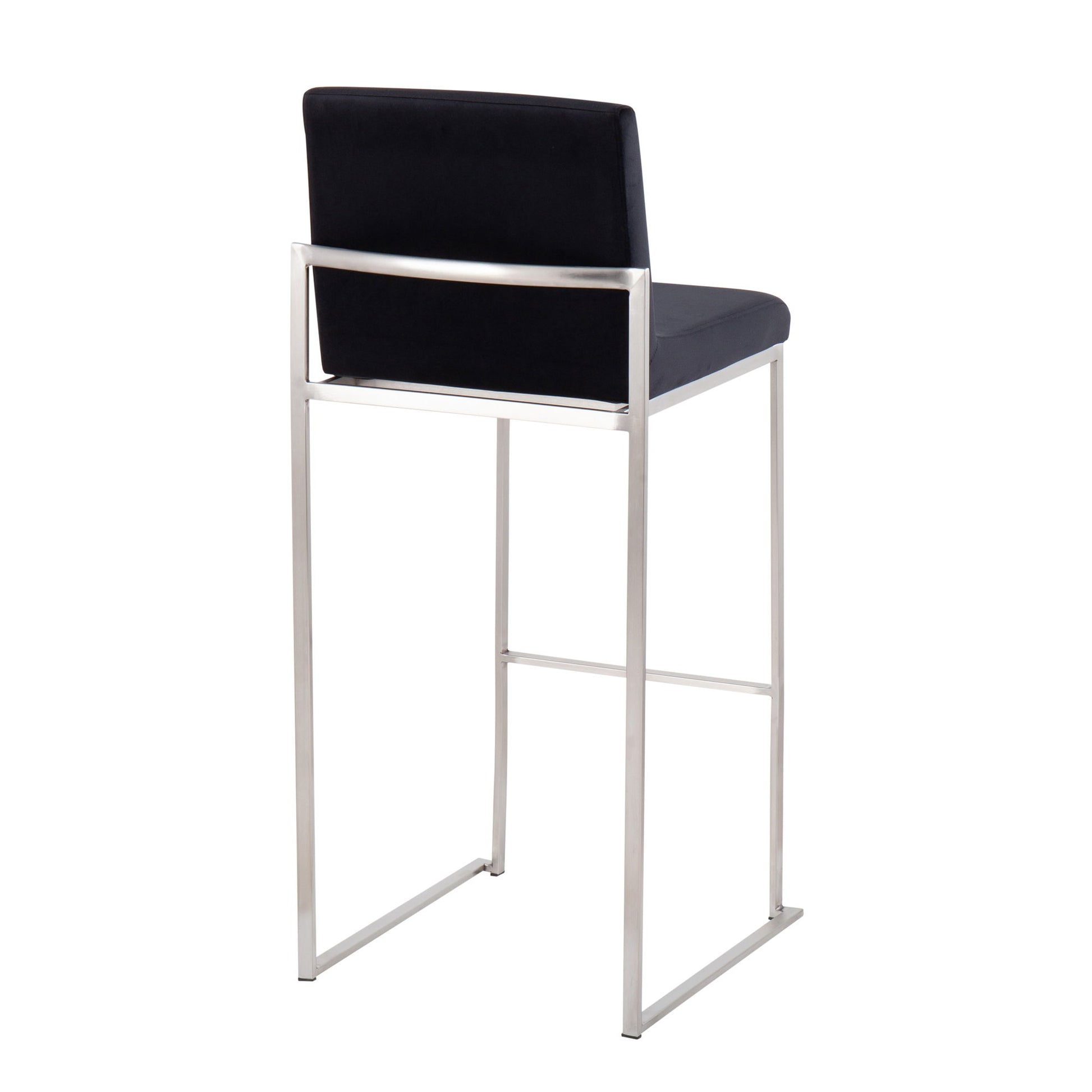 The Fuji High Back Barstool showcases contemporary elegance with a sleek silver metal frame, minimalist design, and black cushioned seat and backrest, presented from a rear angle.