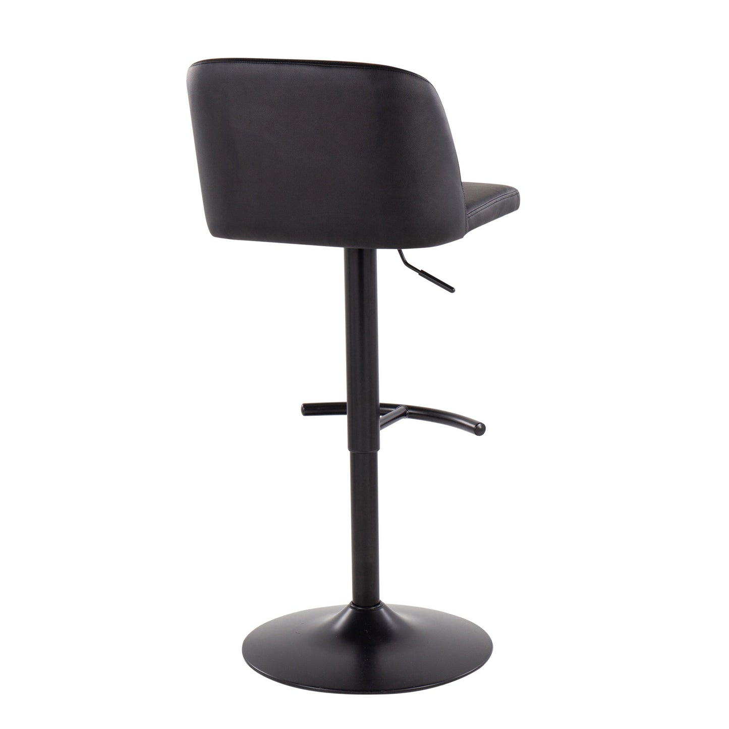 The Toriano Contemporary Adjustable Bar Stool (Set of 2) features a black cushioned backrest and seat, height lever, rounded T footrest, and flat round base, shown from the back against a white background.