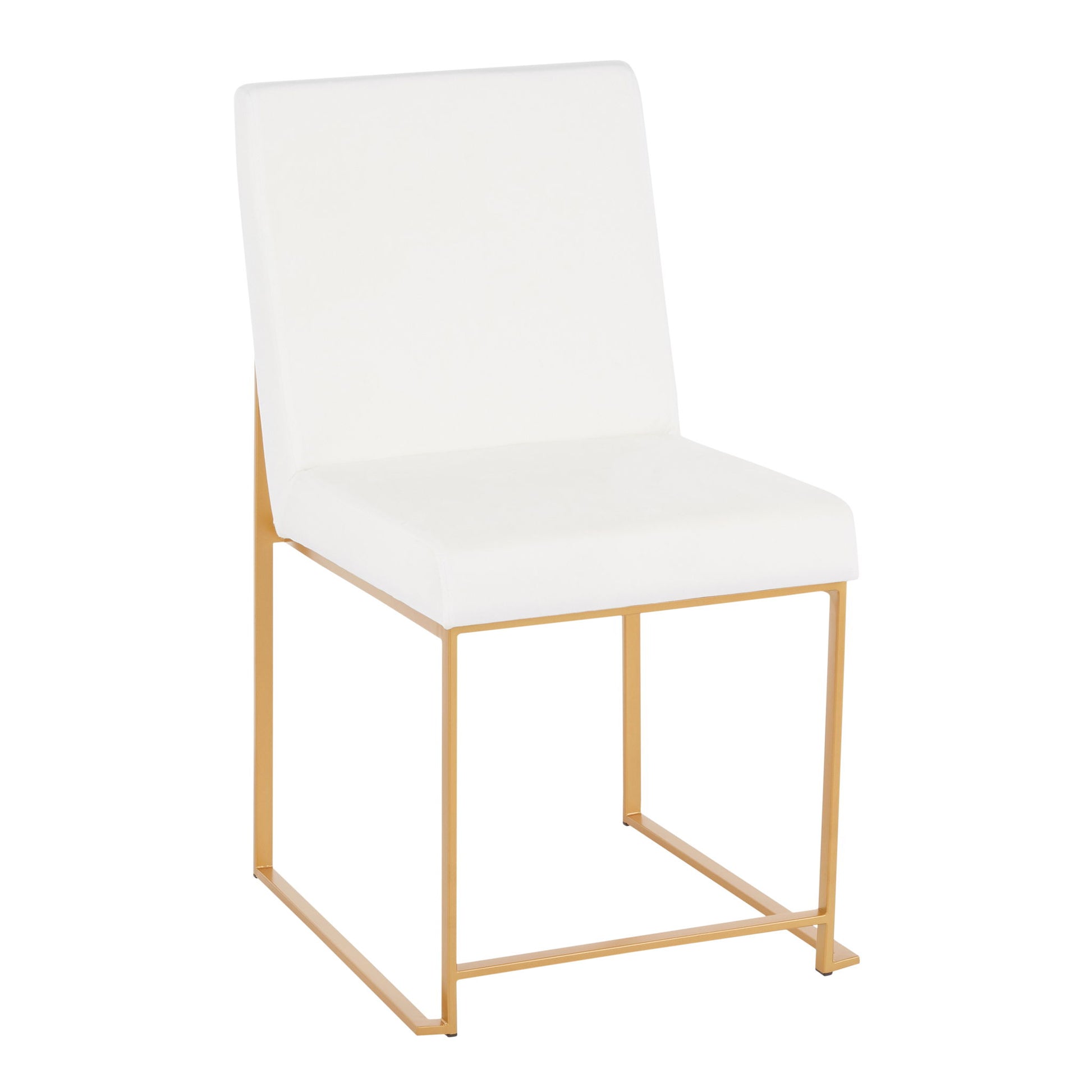 The Fuji High Back Dining Chair set features a contemporary gold metal frame with straight lines, plus a white cushioned seat and backrest, offering modern style without armrests. Set of 2.