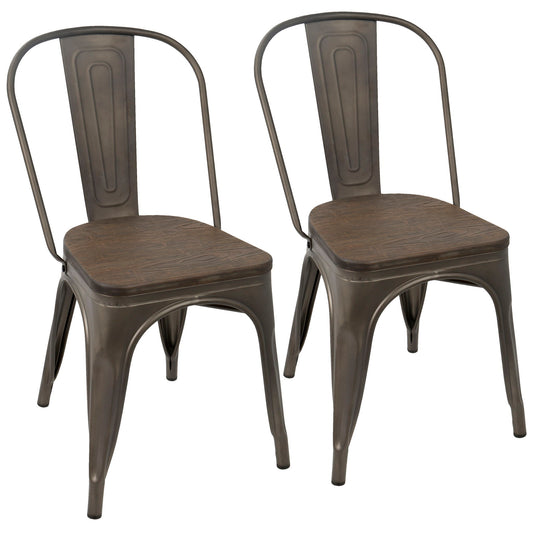 A set of two Oregon IndustrialFarmhouse Stackable Dining Chairs with curved backs, dark wooden seats, and a sturdy brushed metal finish, featuring a minimalist industrial design.