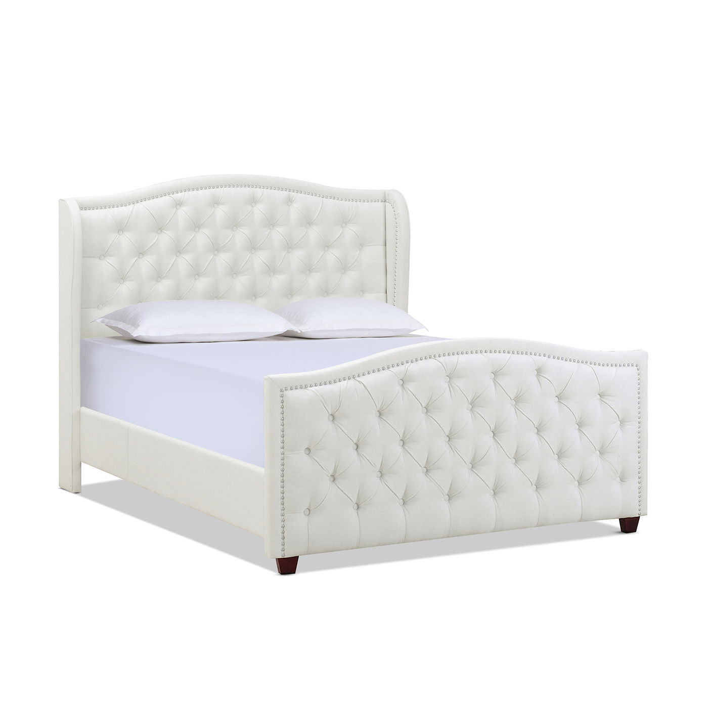 The Marcella - Upholstered Shelter Headboard Bed Set features a white tufted headboard and footboard with button details, white bedding, two pillows, and dark wooden legs.