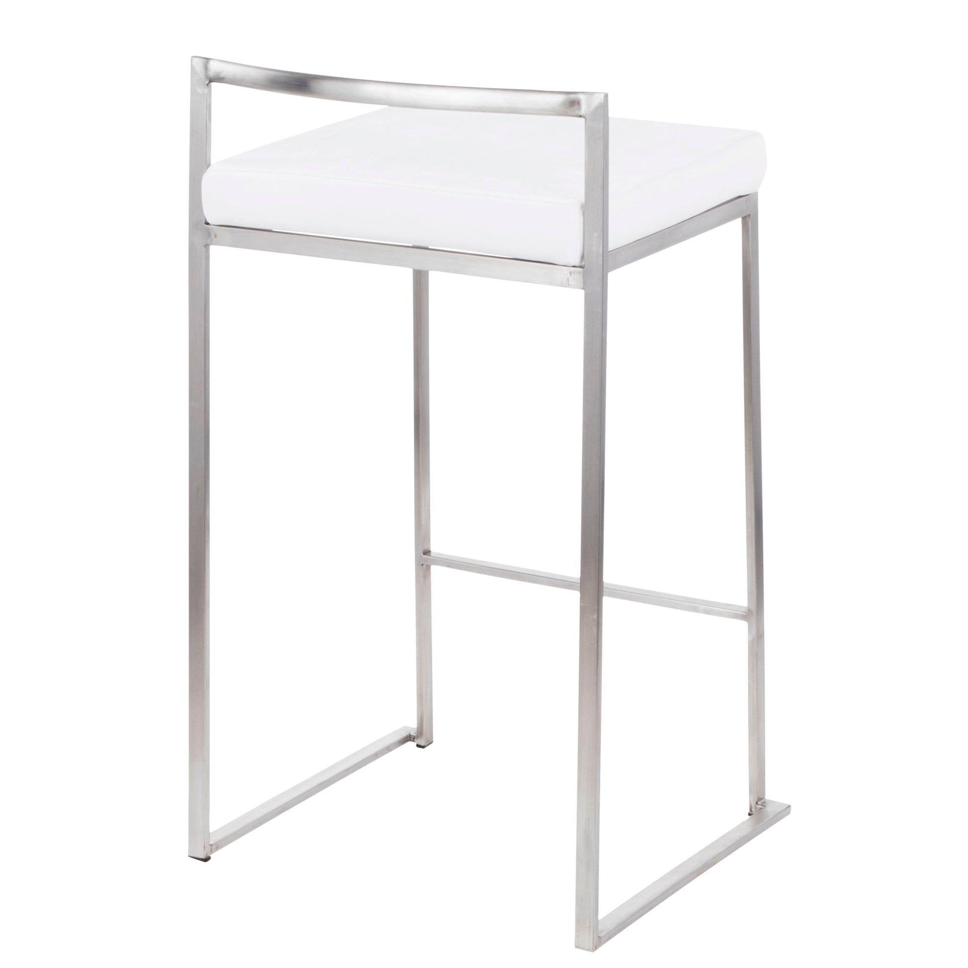 The Fuji - Contemporary Elegant Stackable Counter Stool Set features a sleek metal frame, white cushioned seat, low rectangular backrest, and minimalist modern design.