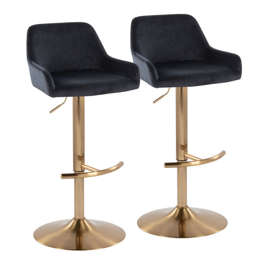 Set of 2 Daniella Contemporary Adjustable Barstools with swivel, black upholstered seats, gold metal bases, and rounded T footrests displayed on a white background.