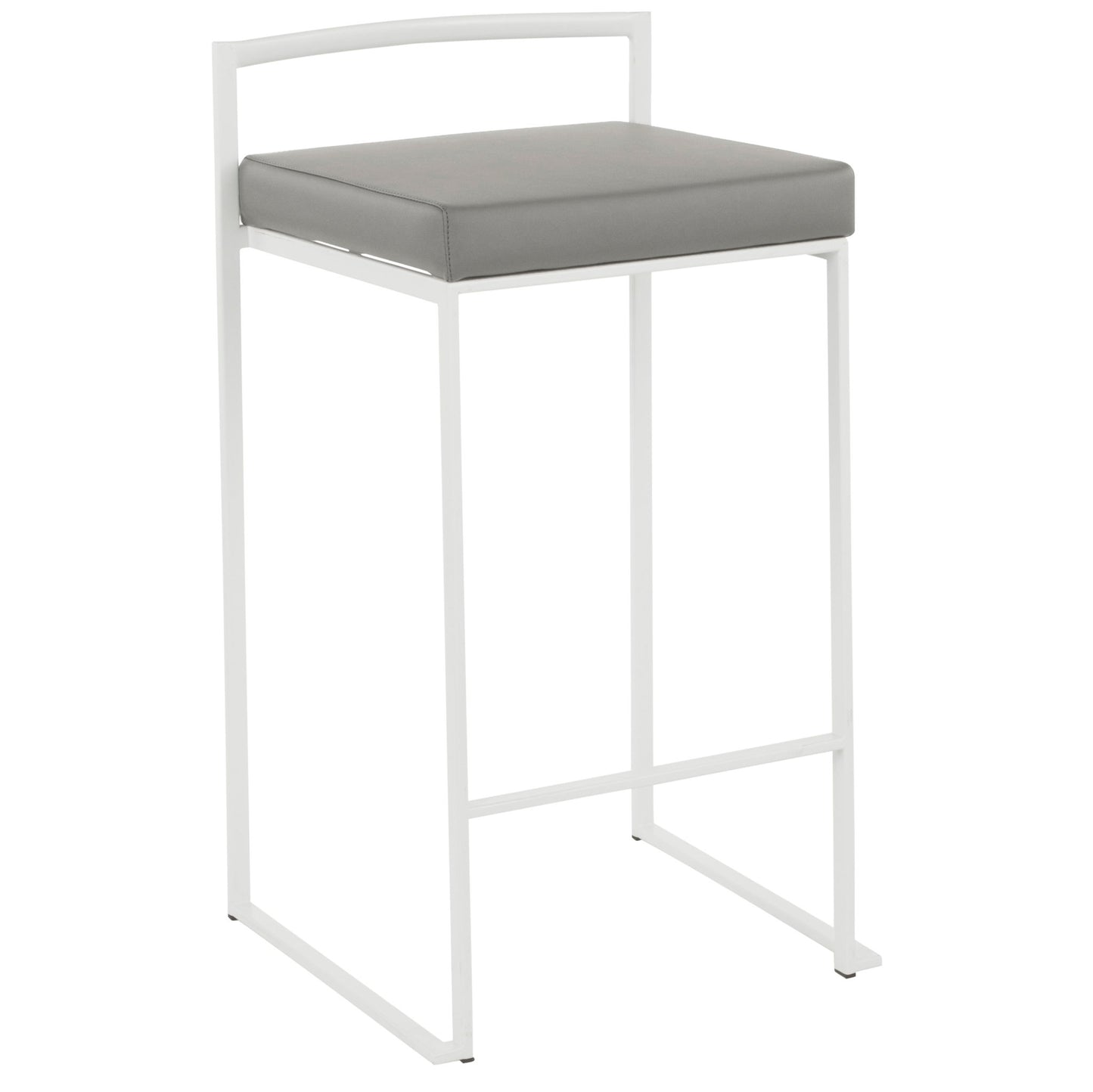 The Fuji - Simple Elegance, Contemporary Stackable Counter Stool features a white metal frame, a square gray cushioned seat, and a backless minimalist design with clean straight lines.