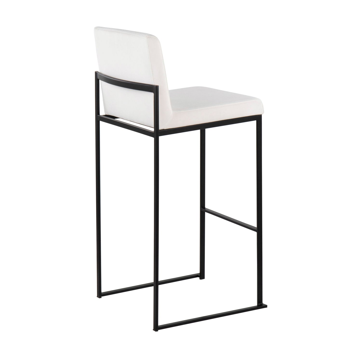 The Fuji Contemporary High Back Barstool features a white cushioned seat and backrest, sleek black metal frame, and simple footrest for a minimalist, elegant look.