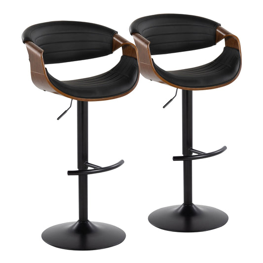 Set of 2 Symphony Mid-Century Modern adjustable barstools with black padded seats, walnut curved backs, metal swivel bases, rounded T footrests, and height-adjustment levers in black/walnut/black finish.