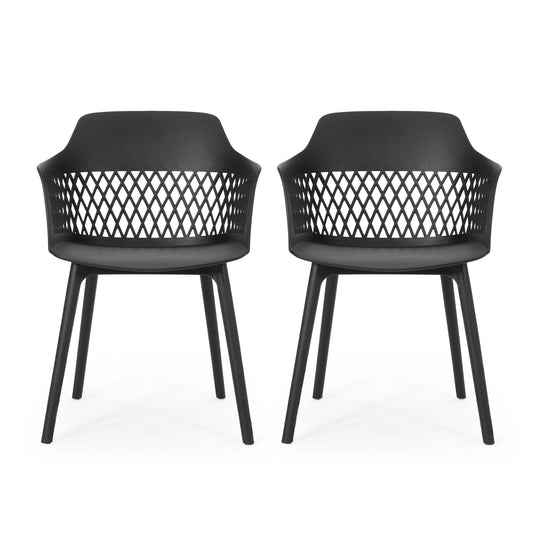 The Azalea Chair (Set of 2) features modern black plastic chairs with open-weave lattice backs, armrests, and four straight legs, shown side by side on a white background.