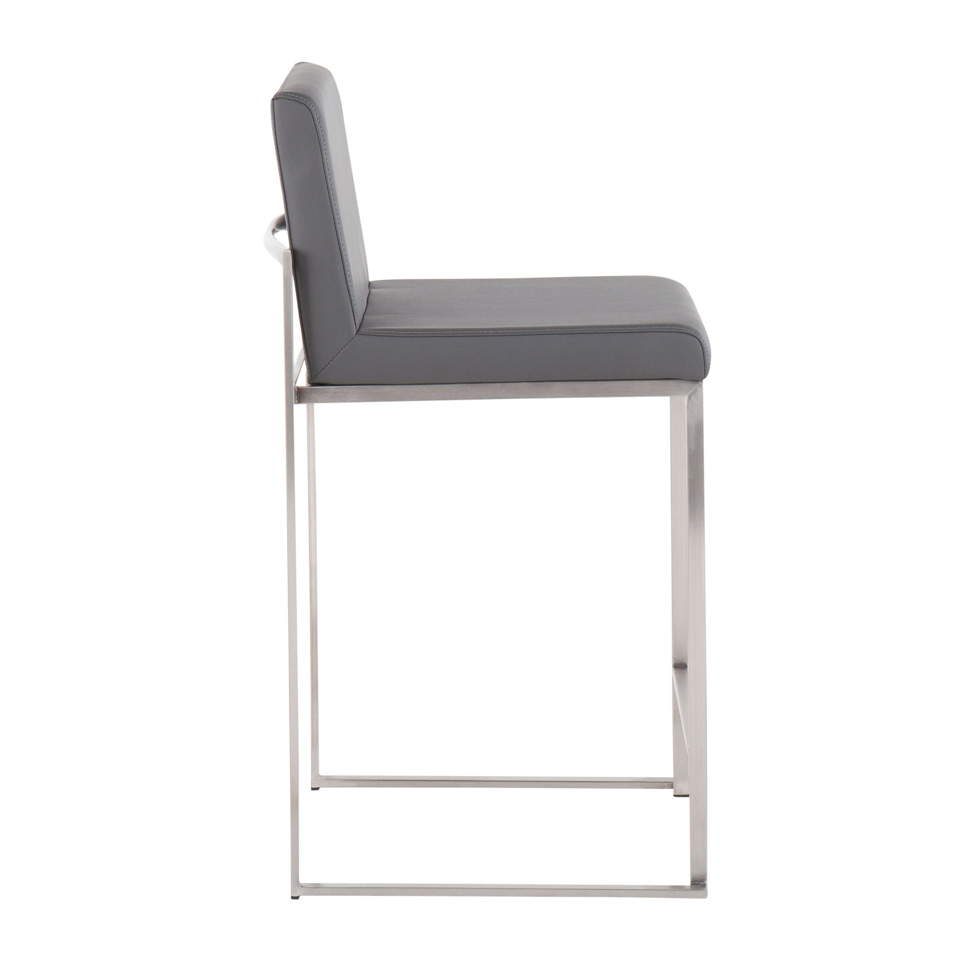 The Fuji - Contemporary High Back Counter Stool features a gray cushioned seat and backrest on a sleek, rectangular metal frame, shown from the side against a white background.