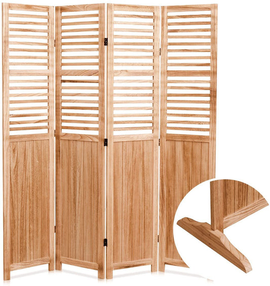 The Expertly Designed Panel Folding Room Divider features four wooden panels with slatted uppers, solid lowers, a light natural finish, and sturdy base supports for stability—as shown in the close-up inset.