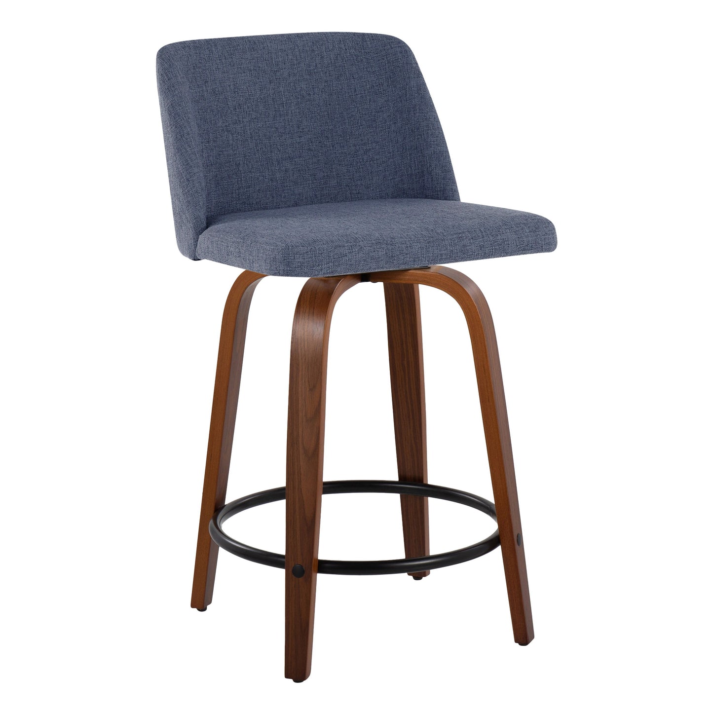The Toriano set offers a sleek, modern bar stool with a blue fabric seat and backrest, featuring curved wooden legs and a circular black footrest.