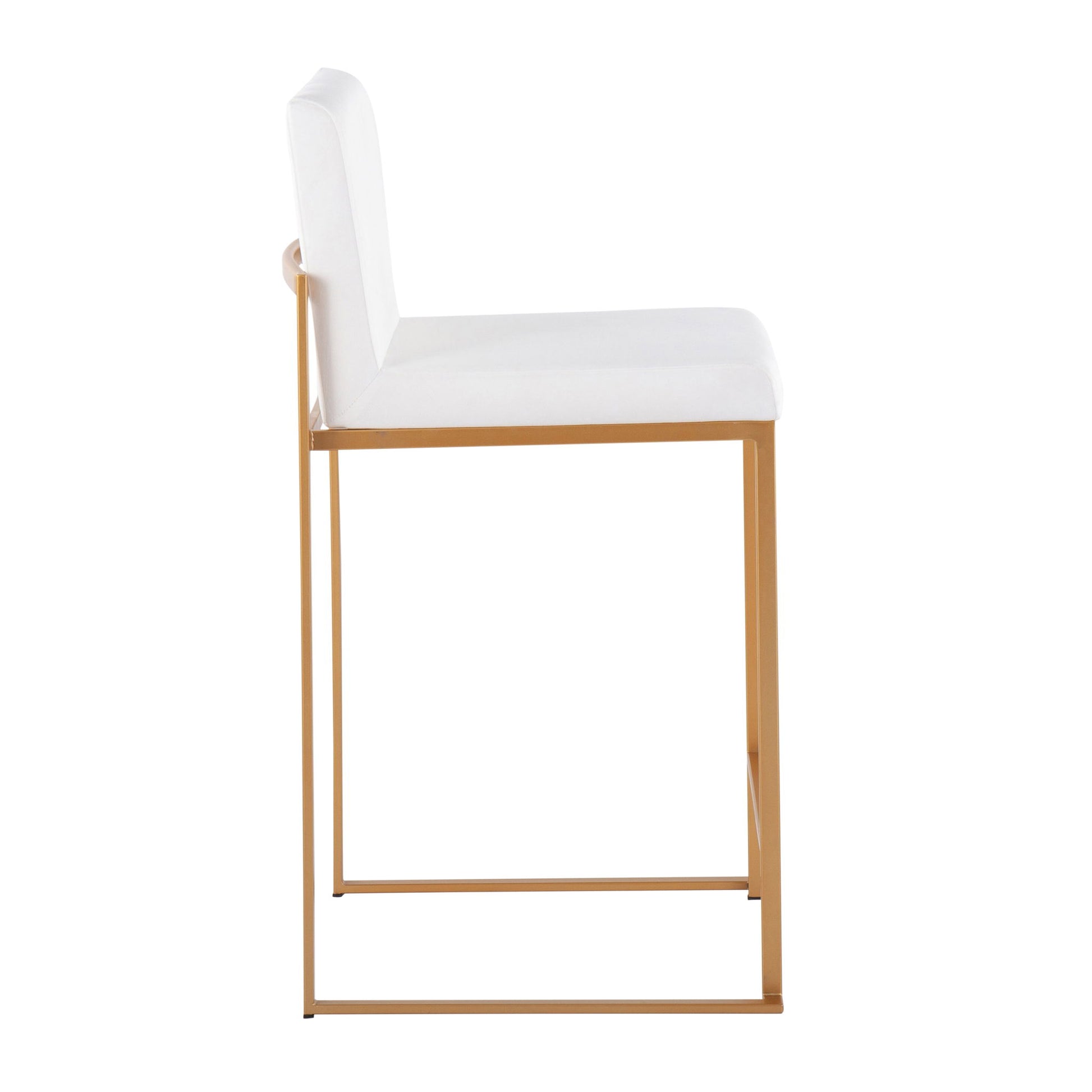 Side view of the Fuji - Contemporary High Back Stylish Counter Stool featuring a white cushioned seat and backrest, supported by a sleek gold metal frame with minimalist lines.