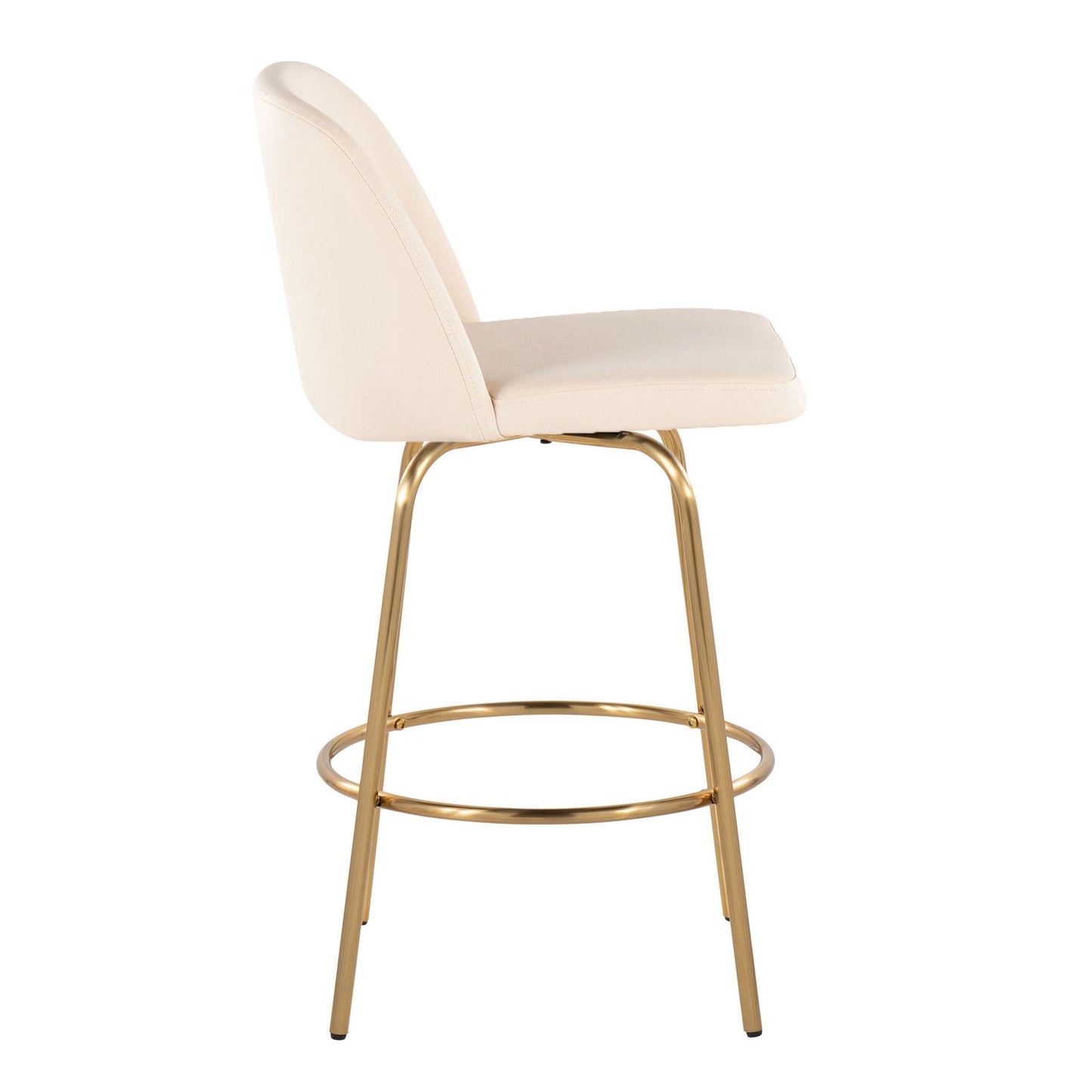 Side view of the Toriano contemporary counter stool set, featuring a cushioned cream seat and backrest, gold-tone metal legs, and a round footrest; fixed height with swivel. Set of 2.