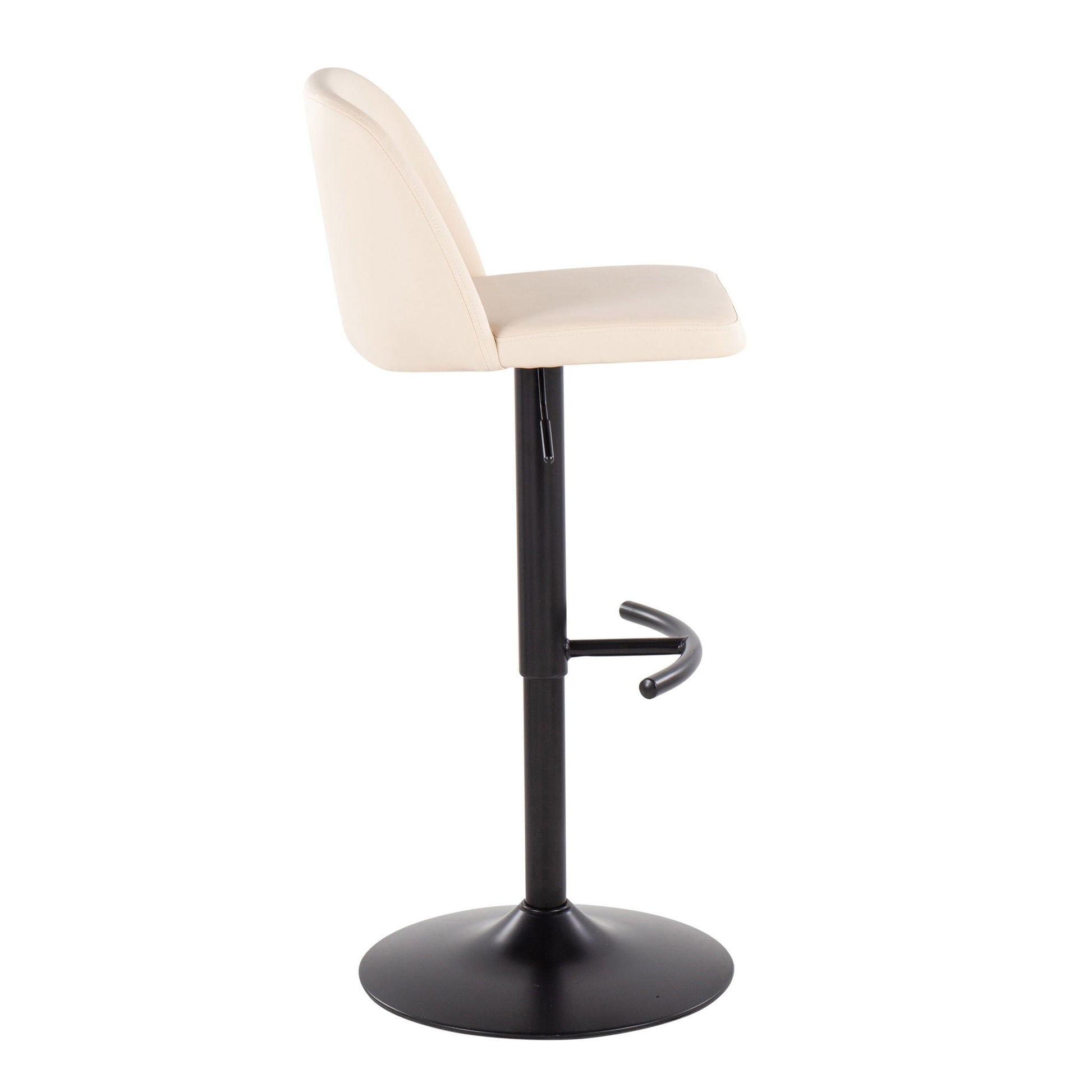 The Toriano Contemporary Adjustable Bar Stool (Set of 2) features a cushioned seat and backrest, black metal pedestal base, and a rounded T footrest, shown from the side against a white background.