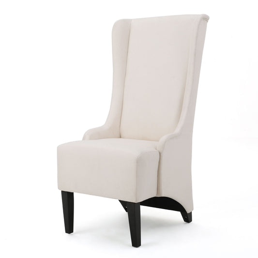 The Alight Upholstered Dining Chair (Set of 2) features a tall high back, light beige fabric, winged sides, and birch wood legs, displayed on a white background.