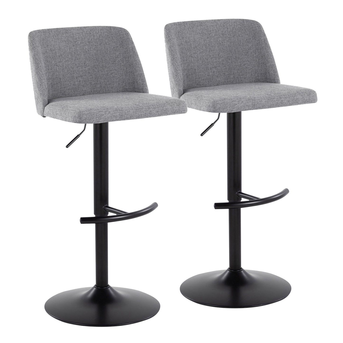 The Toriano set includes two contemporary adjustable bar stools with light gray cushioned seats and backs, black metal bases, and rounded T footrests.