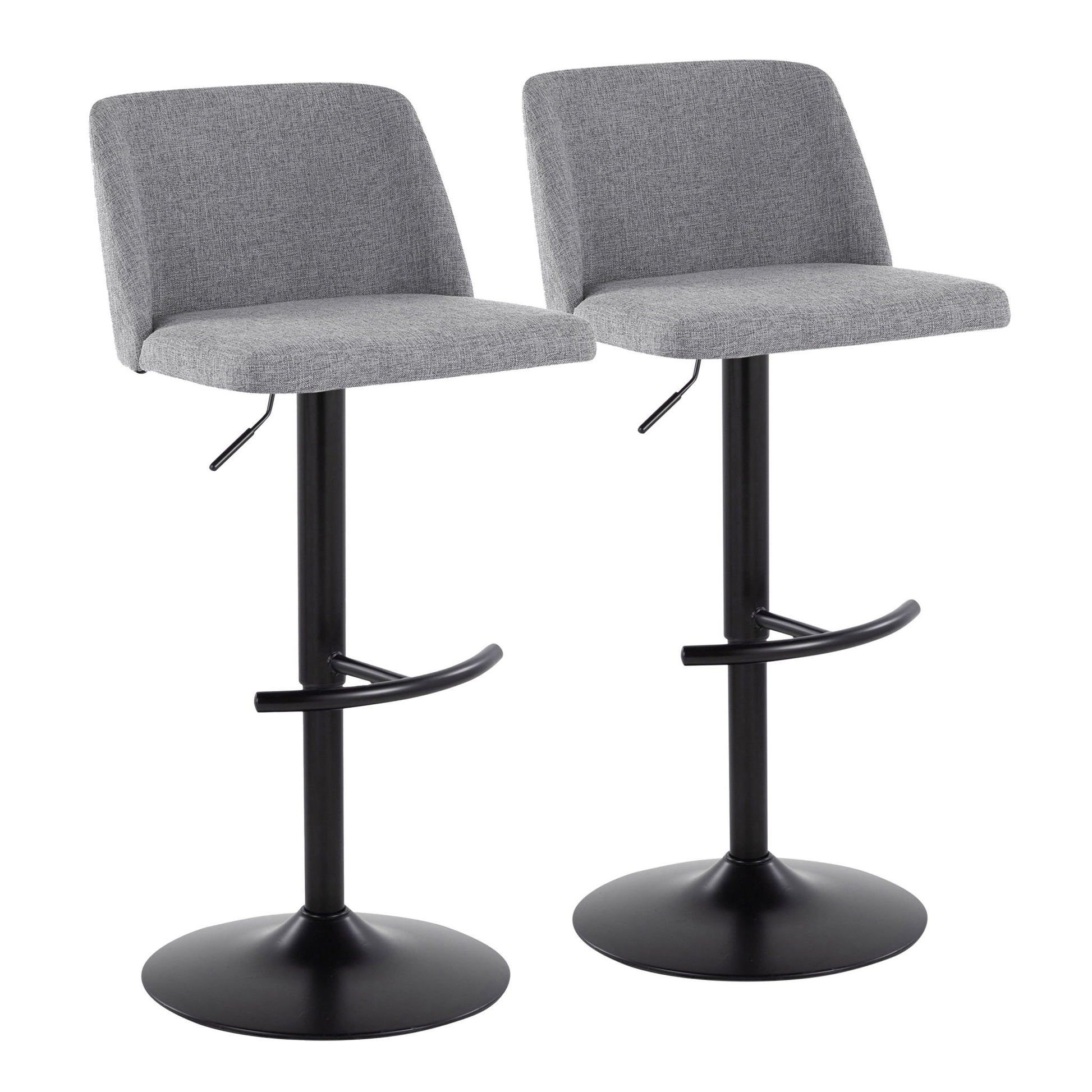 The Toriano set includes two contemporary adjustable bar stools with light gray cushioned seats and backs, black metal bases, and rounded T footrests.