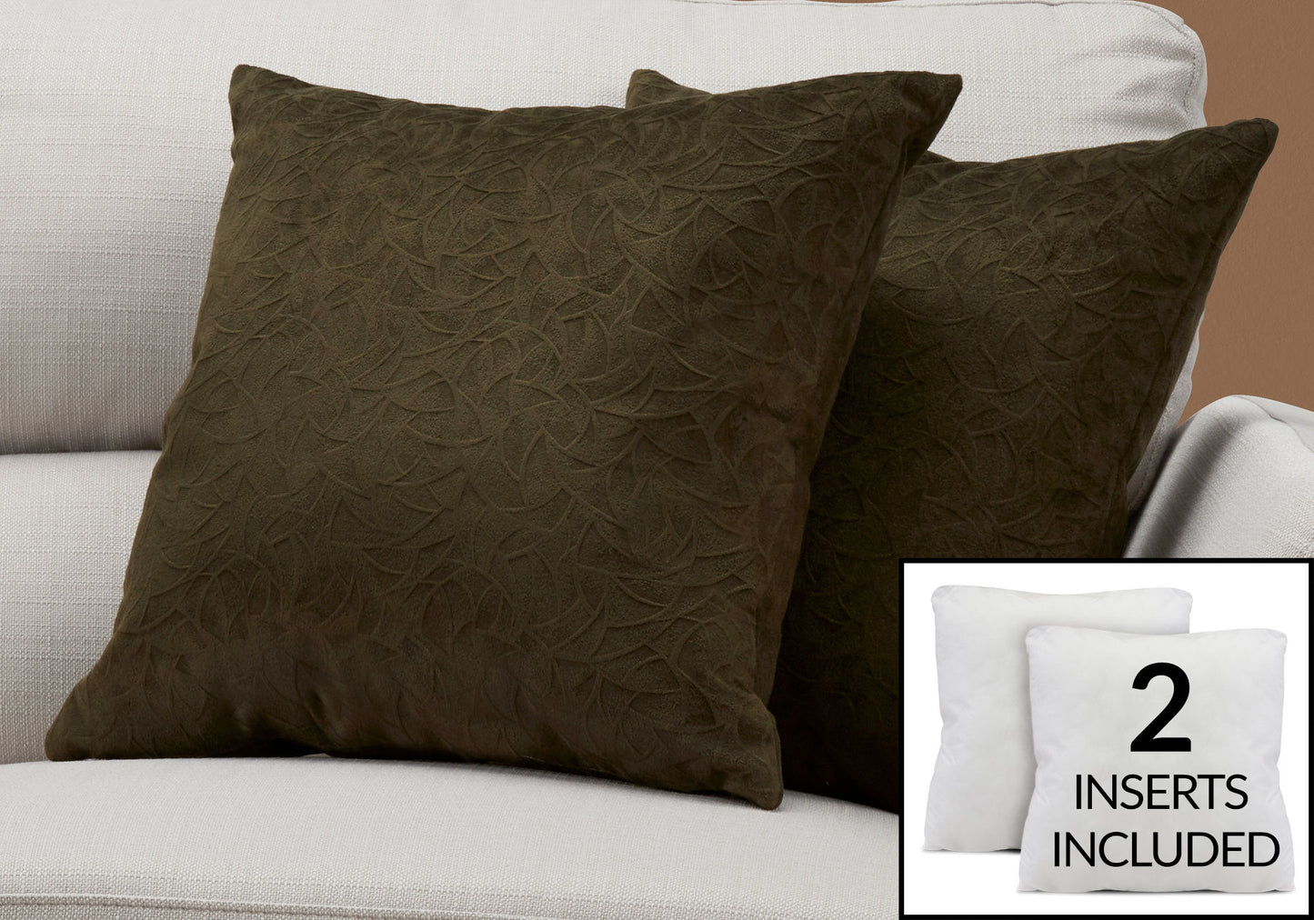 Two modern square dark brown decorative throw pillows with subtle patterns on a light sofa, featuring hypoallergenic inserts; an inset shows two included white pillow inserts.
