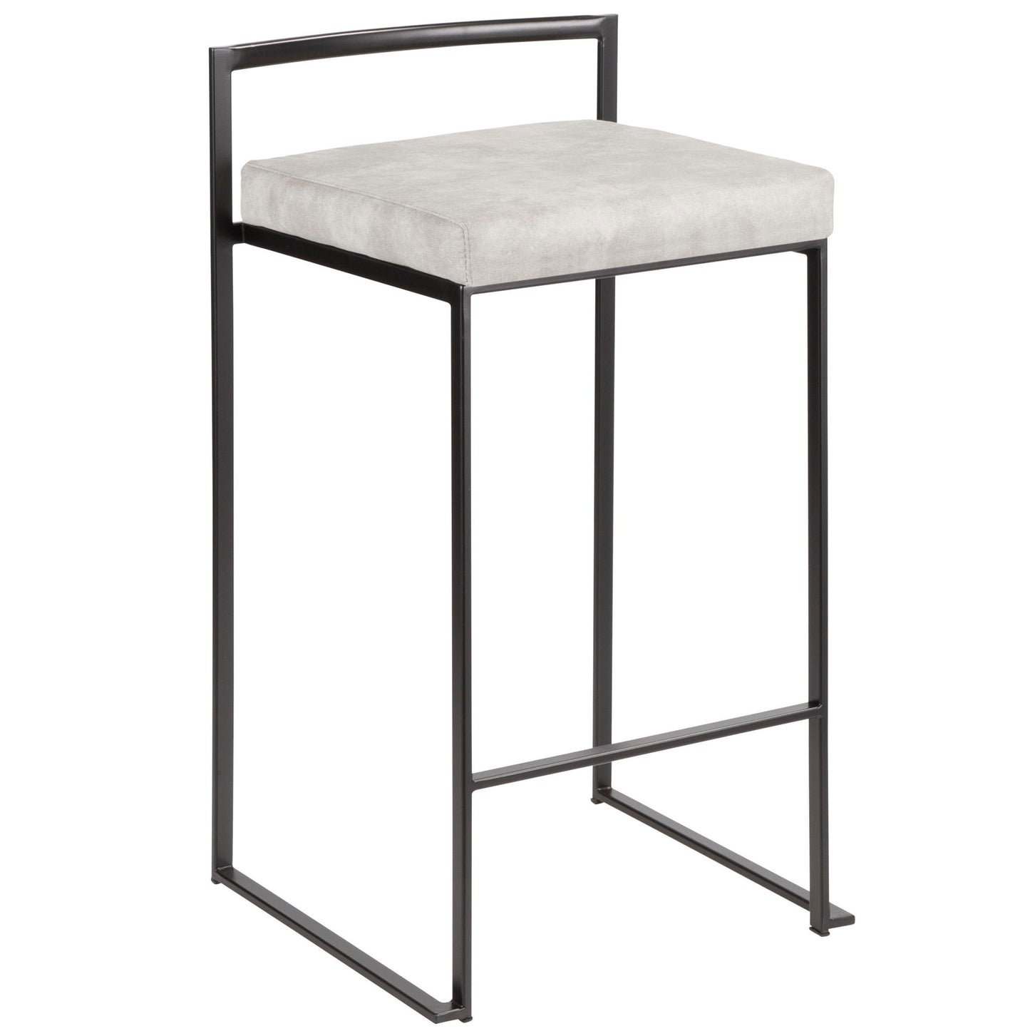 The Fuji - Contemporary Style Stackable Counter Stool features a black metal frame, light gray cushioned seat, minimalist low backrest, and straight angular legs.