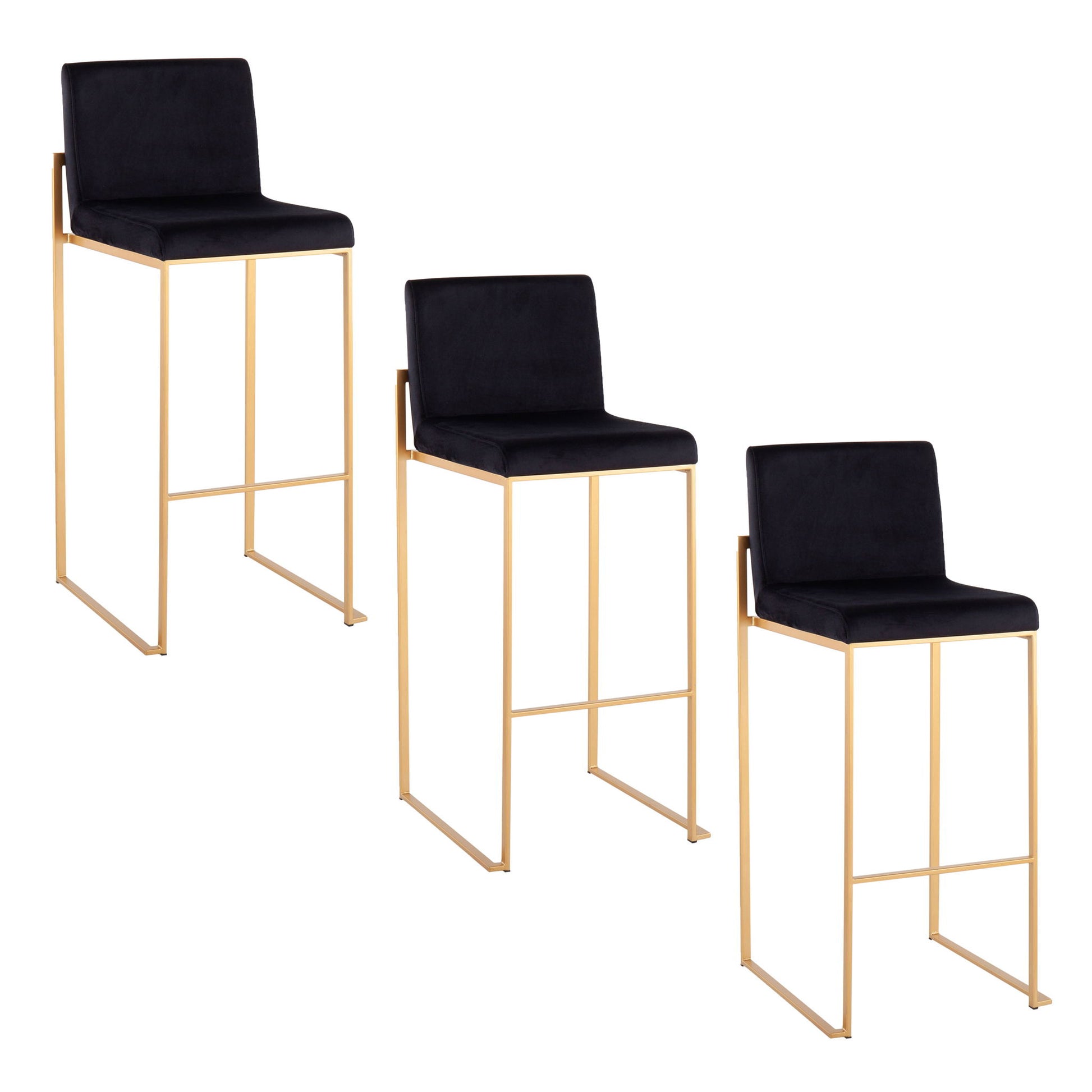 A set of two Fuji Contemporary Design High Back Barstools featuring slim gold metal frames, black cushioned seats and backs, and footrests, displayed in a staggered arrangement on a white background.