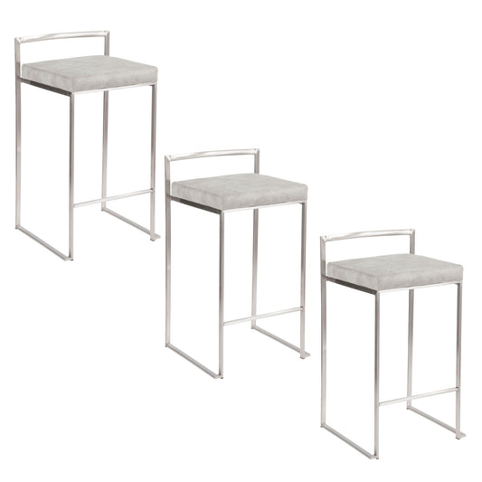 Three Fuji Elegant Design Contemporary Stackable Counter Stools with light gray cushioned seats and sleek silver metal frames are arranged in a staggered, descending order from left to right on a white background.