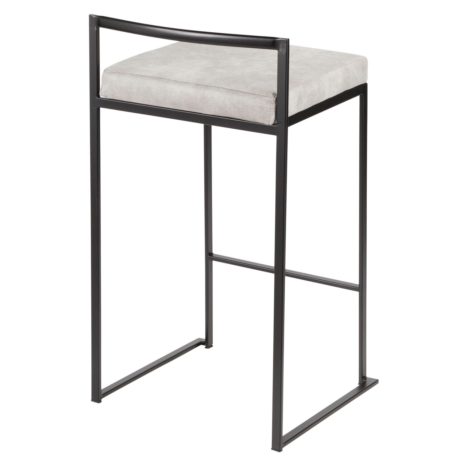 The Fuji - Contemporary Style Stackable Counter Stool features a black metal frame, rectangular backrest, and a light gray cushioned seat in a minimalist design with straight lines and an open base.