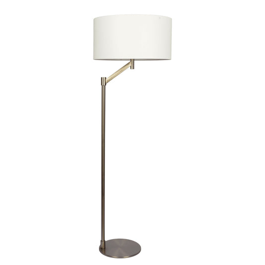 The Serene Floor Lamp features a rotary switch base, a white linen shade, an angled brushed nickel arm, and a slim metallic stand on a circular base, set against a plain white background.