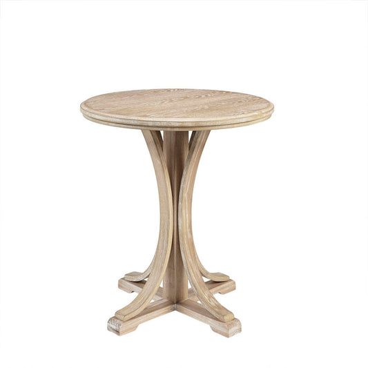 Accent Table Round Rustic Ash Veneer Reclaimed Wheat - Natural: This round side table has a smooth top, light finish, and three gracefully curved legs meeting at a sturdy center support, set against a plain white background.