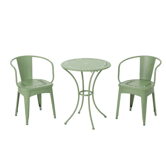 The Ambrosia 3 Piece Bistro Set includes a green metal round table and two matching chairs, all featuring simple leaf motif perforations on the seats and tabletop.
