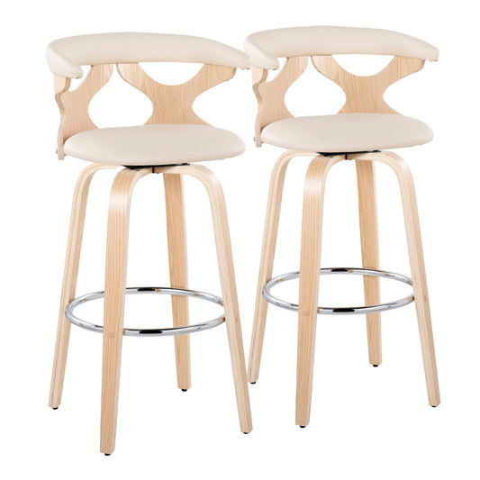 The Gardenia set includes two contemporary fixed-height barstools with swivel, light wood legs, cream cushioned seats and backs, round chrome footrests, and unique cut-out backrest designs.