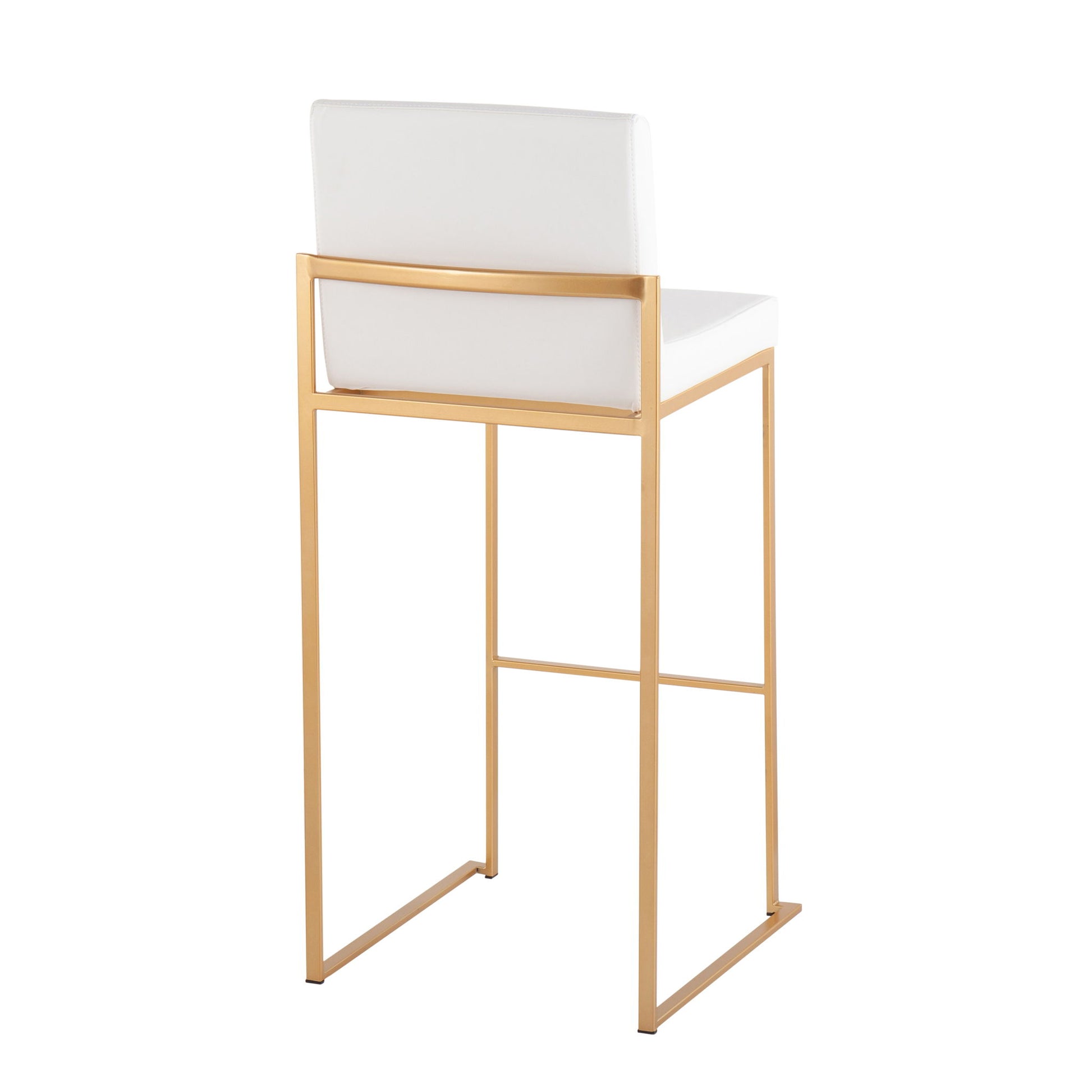 The Fuji Contemporary Design High Back Barstool (Set of 2) features a white cushioned seat and backrest with a minimalist gold metal frame, shown against a white background.