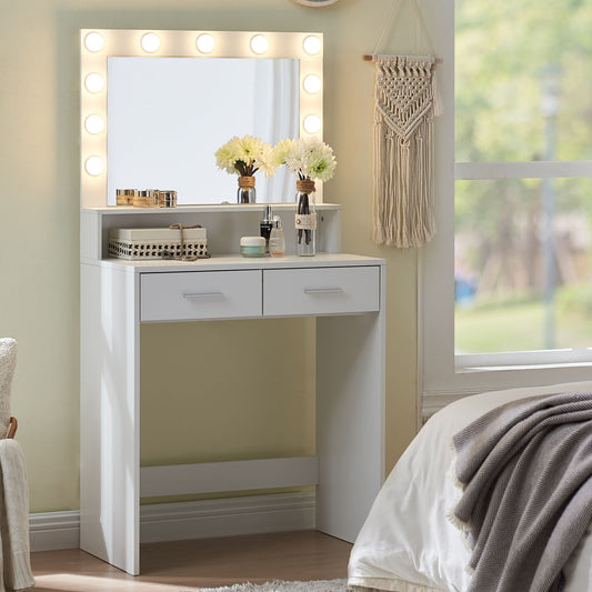 A Vanity Desk With Mirror And Lights, featuring a large drawer, 2-level storage, and adjustable brightness with 3 lighting modes, stands by a bedroom window. A macramé wall hanging decorates the wall above.