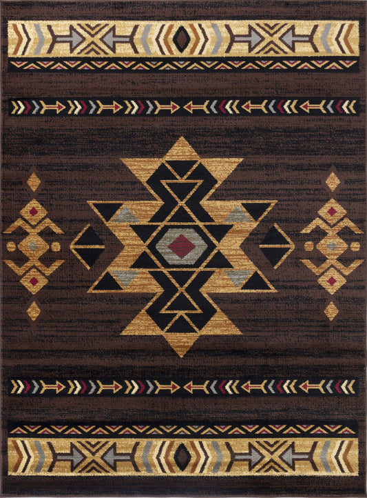 The Tribes - GC_YLS4005 Southwest Area Rug features a central diamond motif with gold, black, gray, and red tribal geometric patterns. Smaller symmetrical designs and arrow-accented zigzag borders complete its rectangular look.